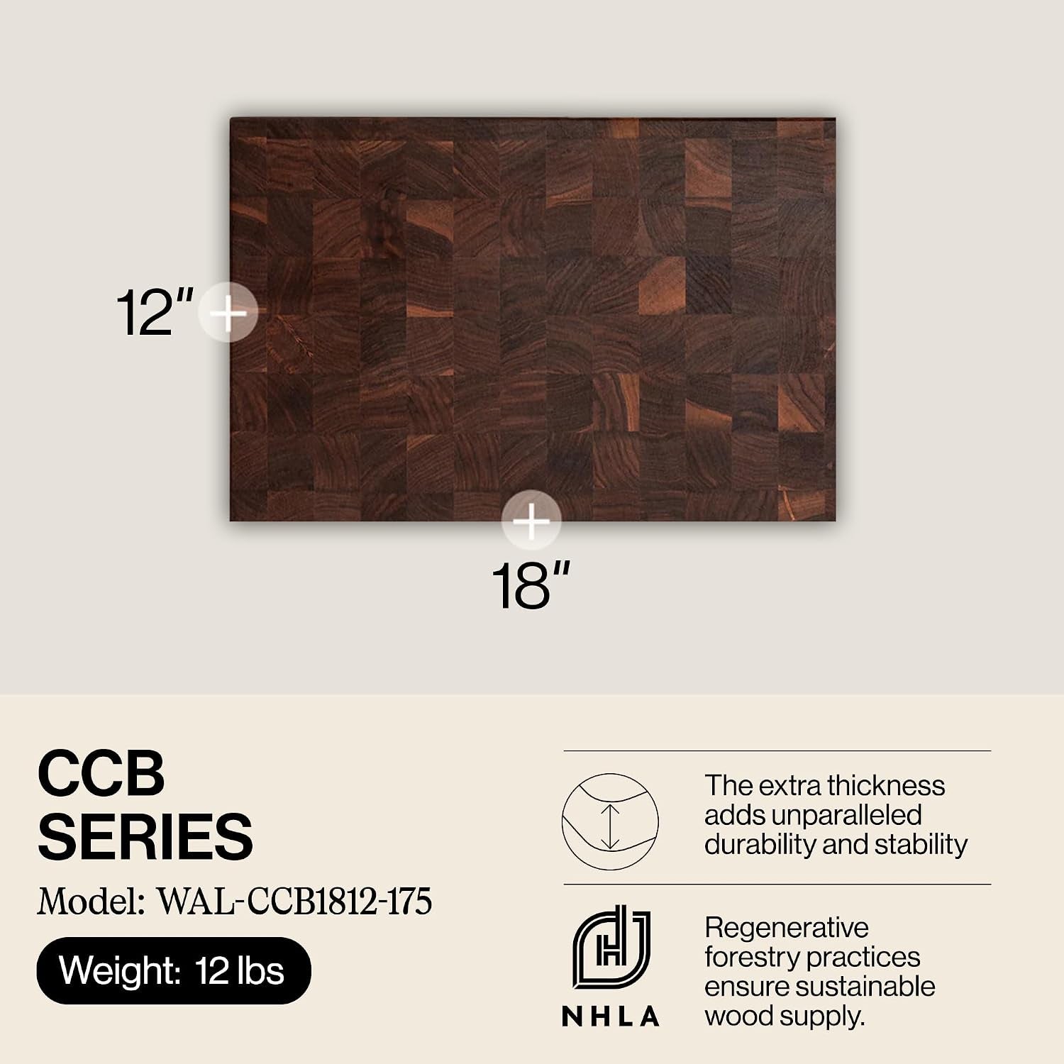 John Boos CCB Series Rectangular Wooden Walnut Cutting Board 18”x12” – 1.75” Thick, 12-lb Reversible Butcher Block with End-Grain & Finger Grips – Made in the USA