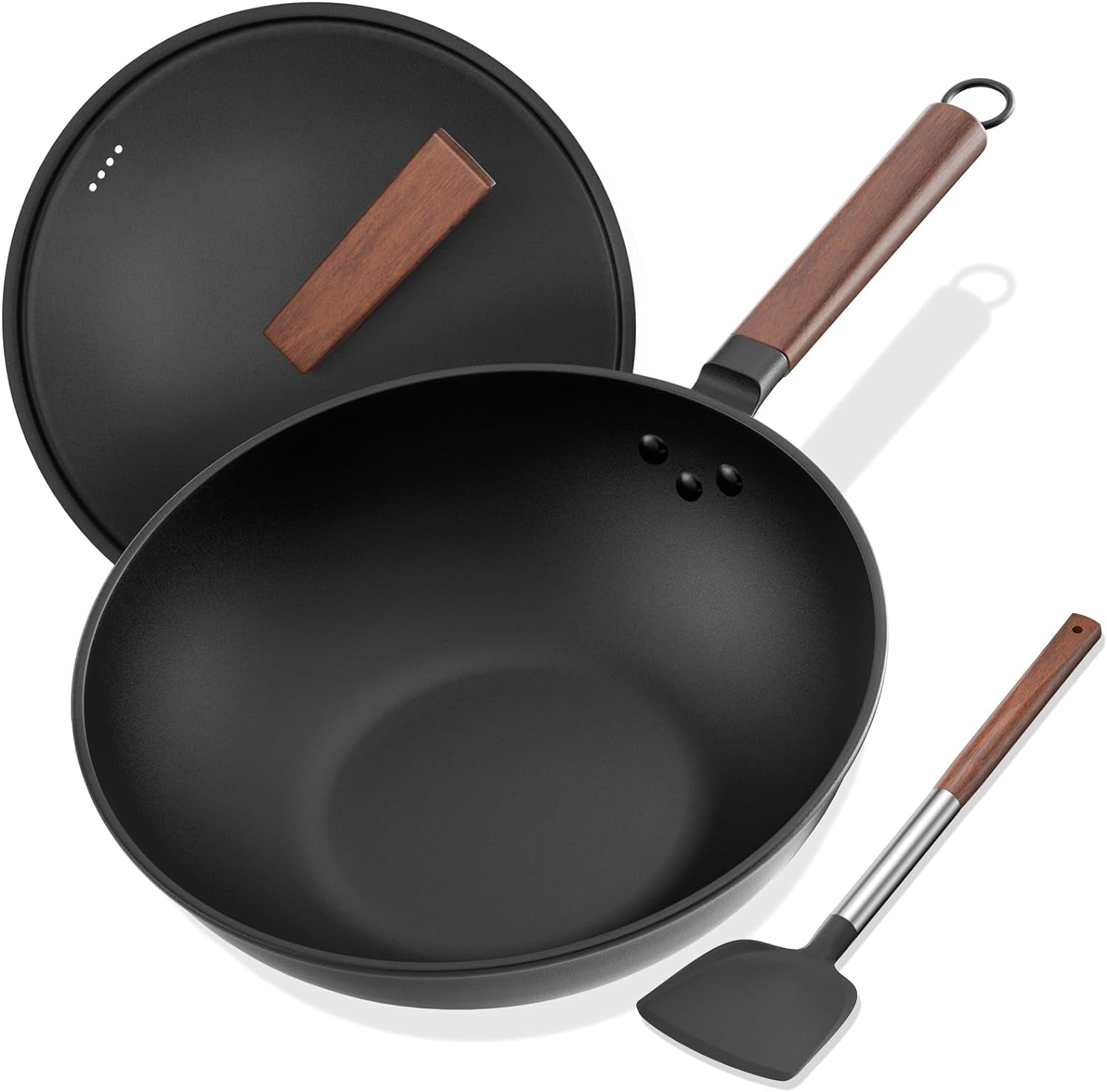 Carbon Steel Wok 13 Inch Pre-Seasoned with Lid & Spatula