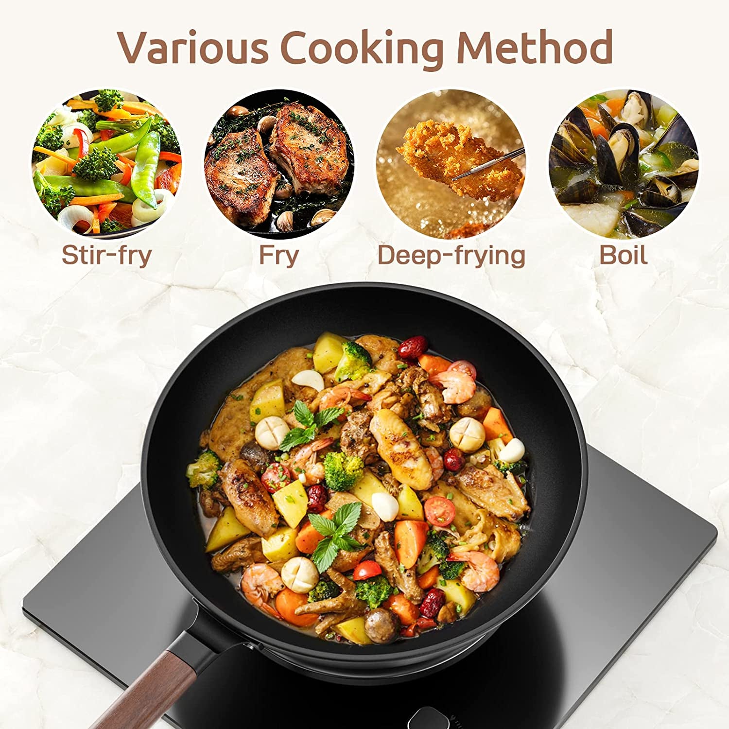 Carbon Steel Wok 13 Inch Pre-Seasoned with Lid & Spatula