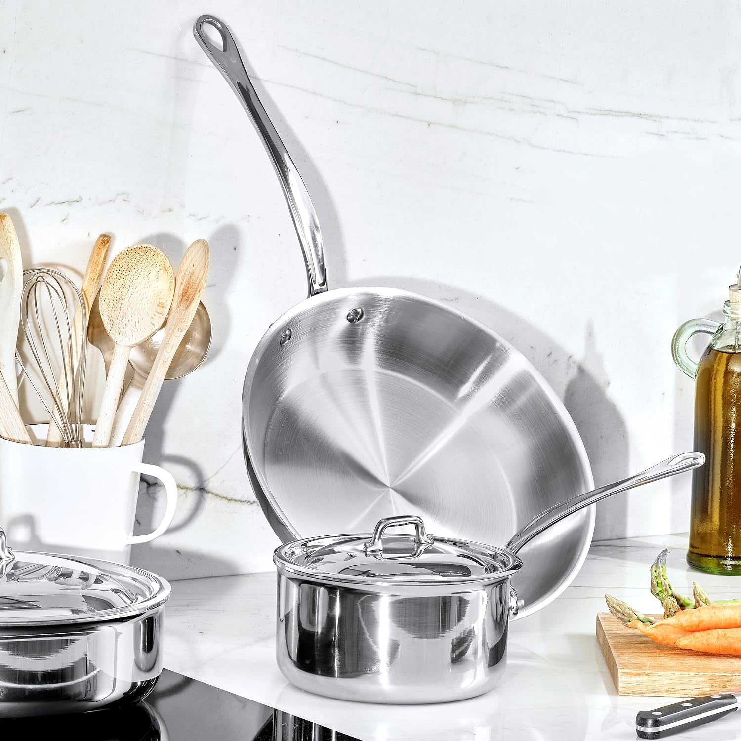 Mauviel M'Cook 5-Ply Polished Stainless Steel Sauce Pan with Lid 3.4 Qt