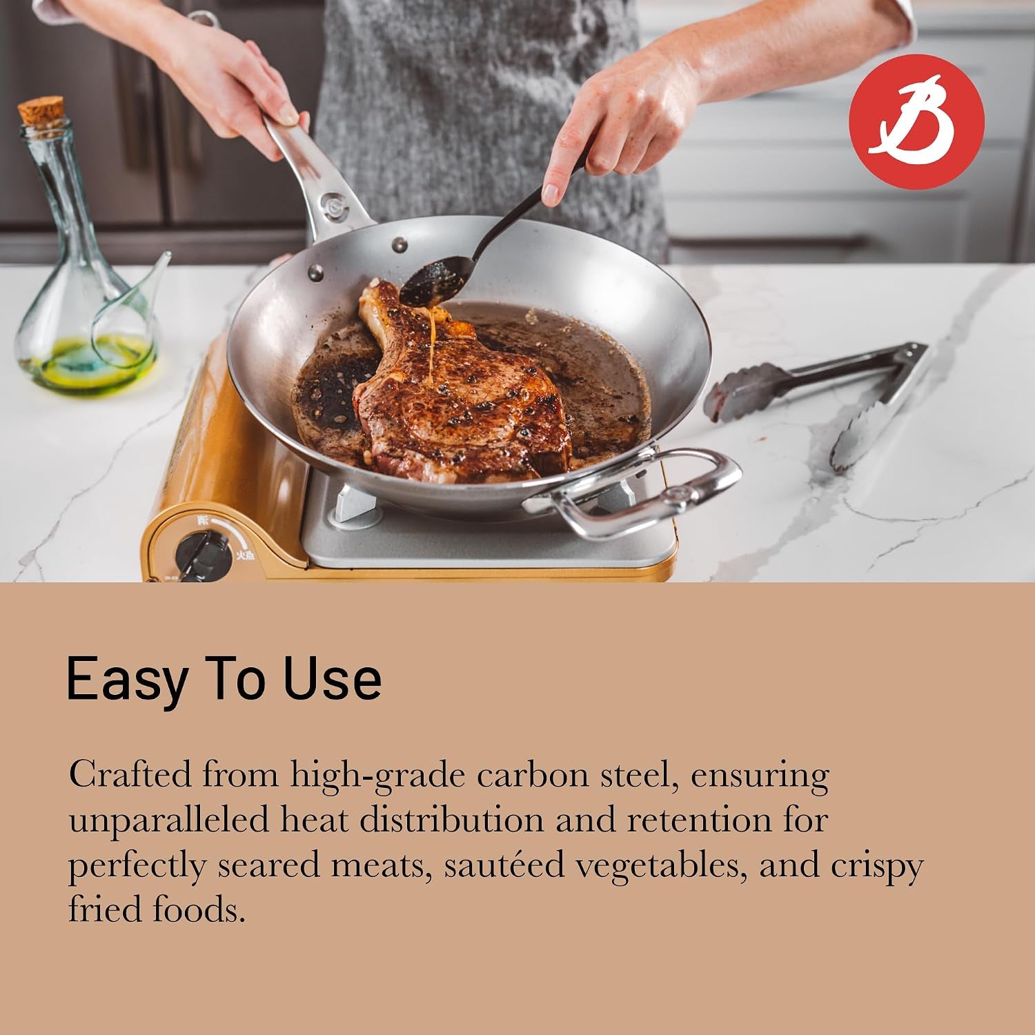 de Buyer MINERAL B Pro Carbon Steel Country Fry Pan with Helper Handle 12.5"