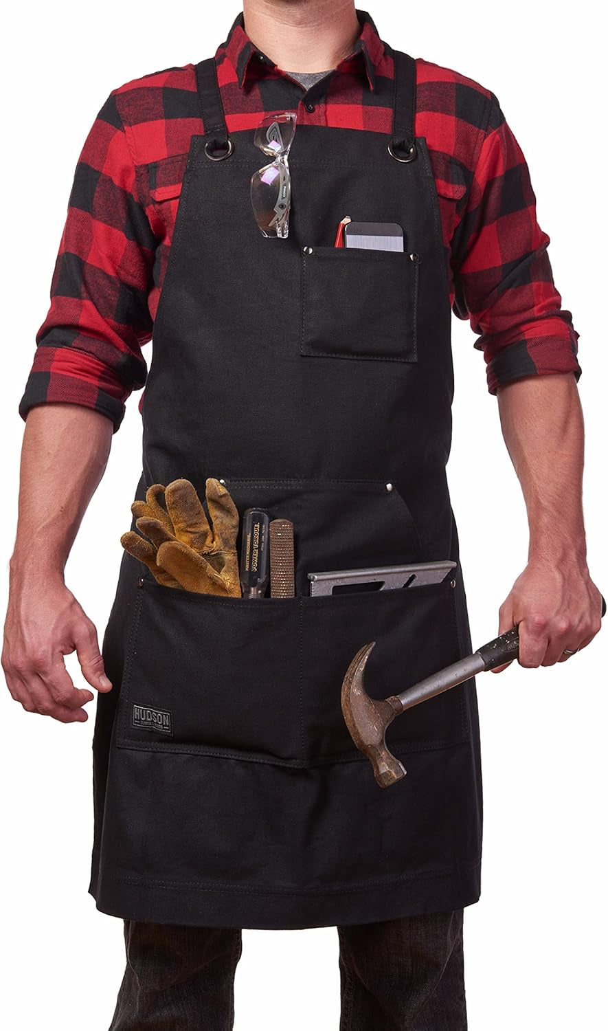 Heavy Duty Waxed Canvas Apron for Men and Women, Adjustable Crossback Work Apron with Tool Pockets, Water-Resistant - Fits up to XXL, Black