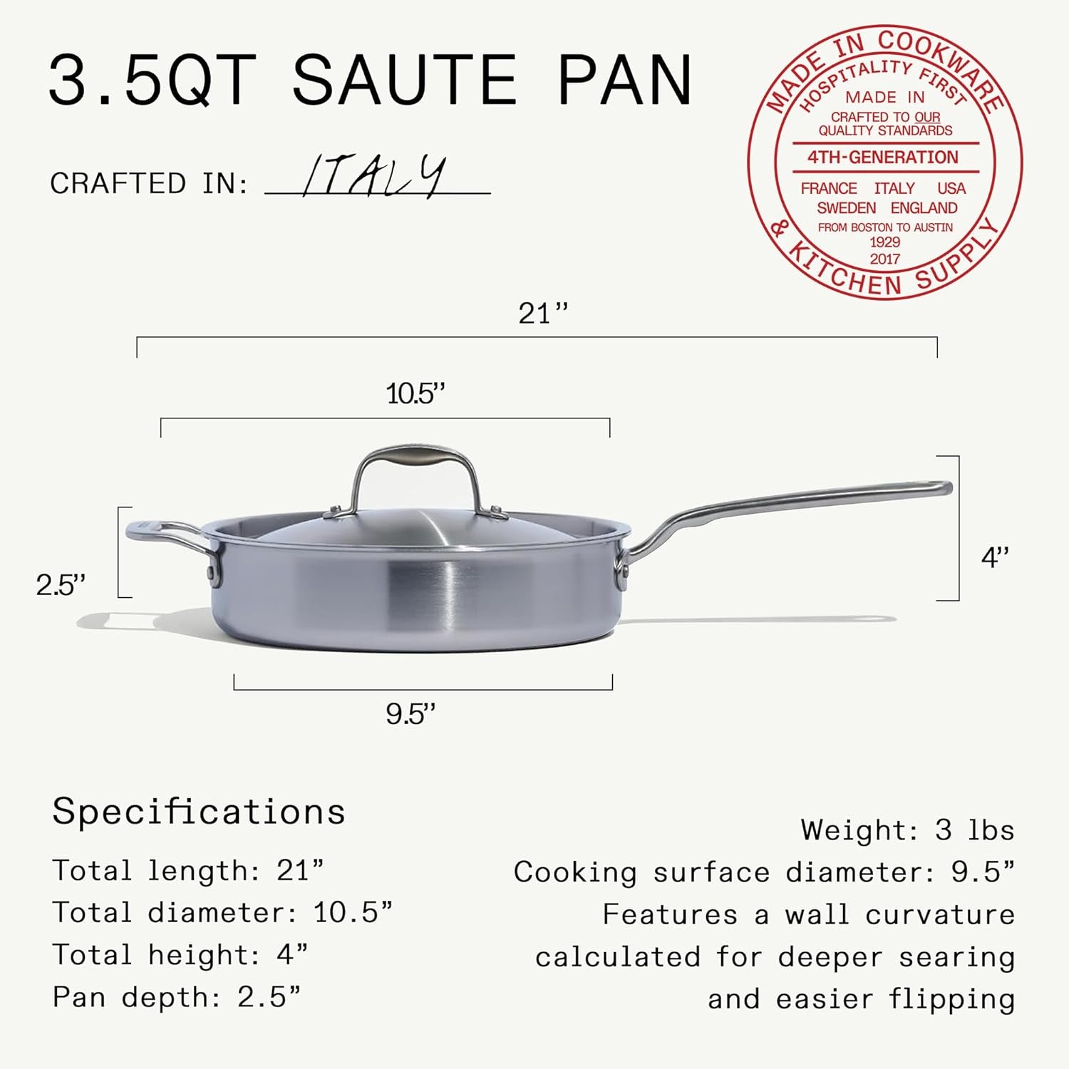 Made In Cookware - 3.5 Quart Stainless Steel Saute Pan - 5 Ply Stainle