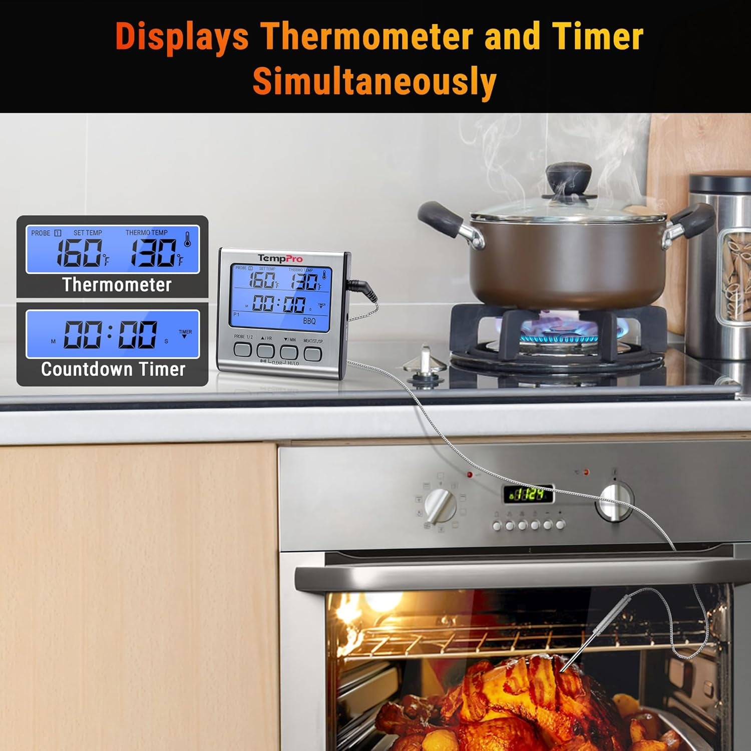 TempPro TP17 Dual Probe Digital Cooking Meat Thermometer Large LCD Backlight Food Grill Thermometer with Timer Mode for Smoker Kitchen Oven BBQ, Silver (Previously ThermoPro)