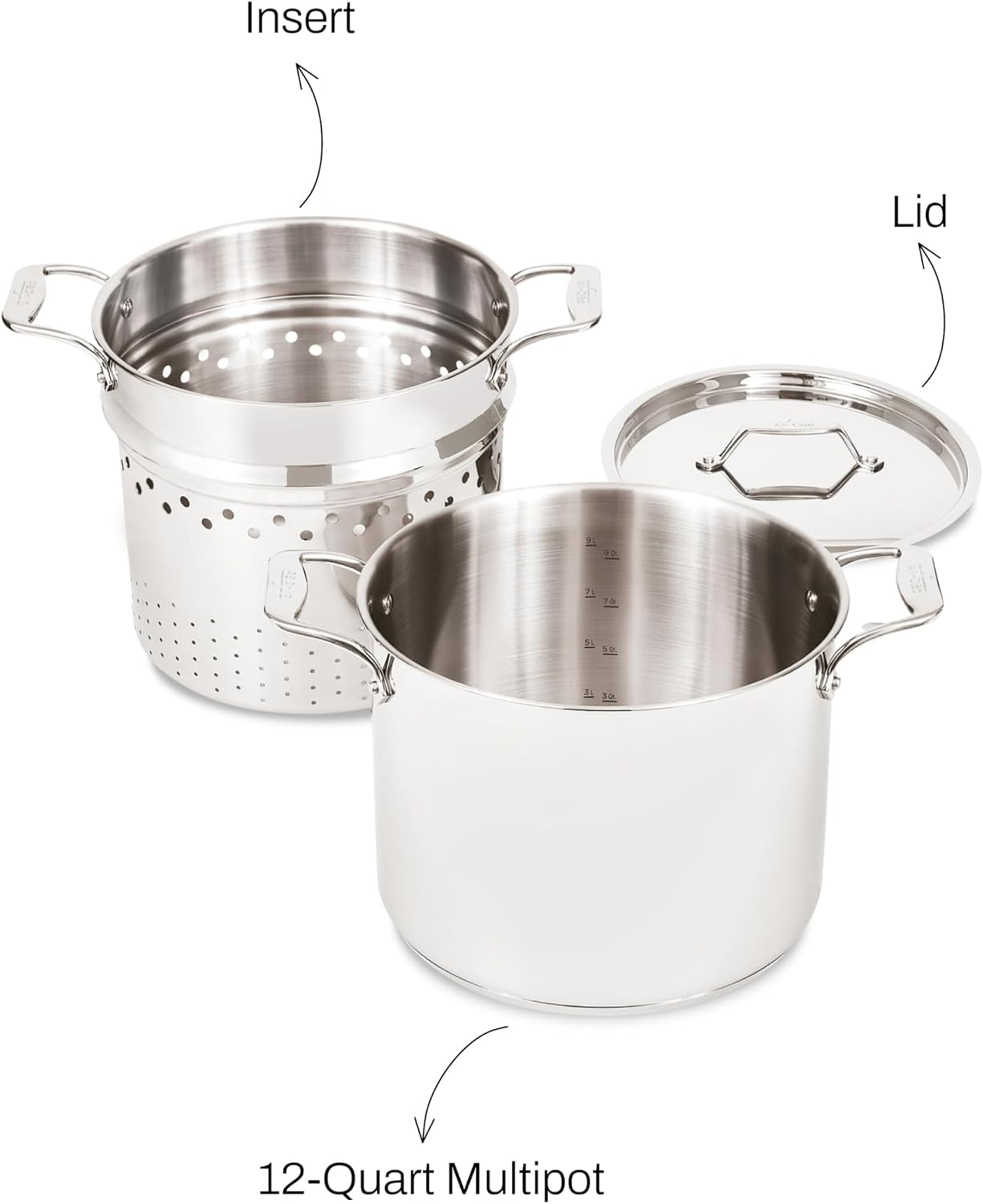 All-Clad Stockpot 12 qt Stainless Steel Multipot With Insert & Lid, Stainless Steel Pot, Induction, Oven Broiler Safe 600F Skillet, Professional Cookware, Silver