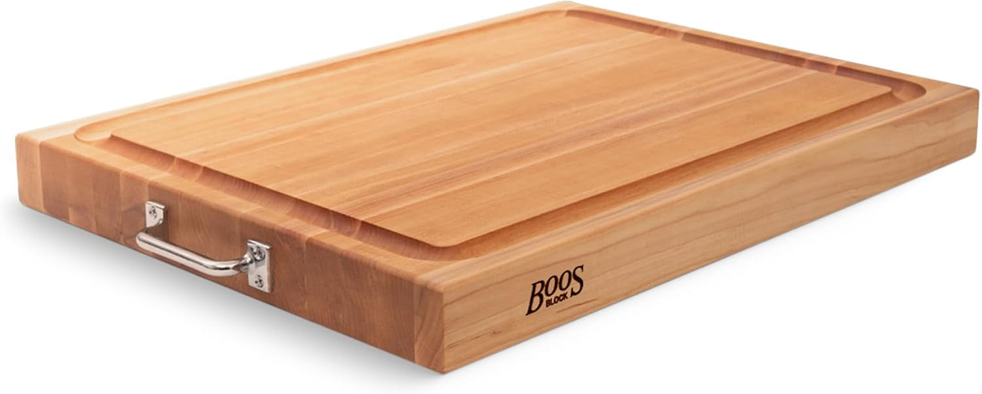 John Boos Handle Boards Series Rectangular Wooden Maple Cutting Board 24”x18” – 2.25” Thick, 30-lb Reversible Butcher Block with Juice Groove, Edge-Grain & Metal Handles