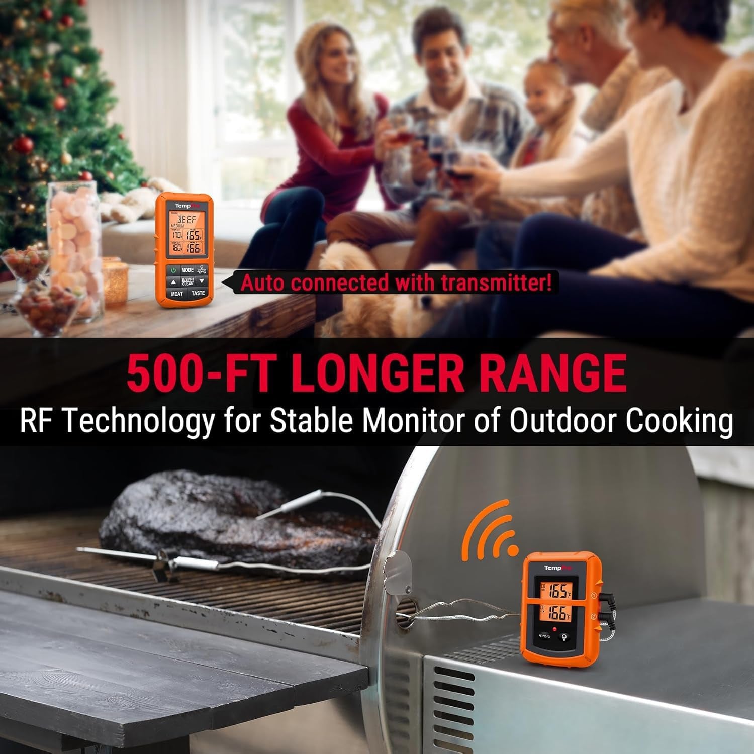 TempPro TP20 500FT Wireless Meat Thermometer with Dual Meat Probe, Digital Cooking Food Meat Thermometer Wireless for Smoker BBQ Grill Thermometer Beef Steak Turkey Thermometer (Previously ThermoPro)