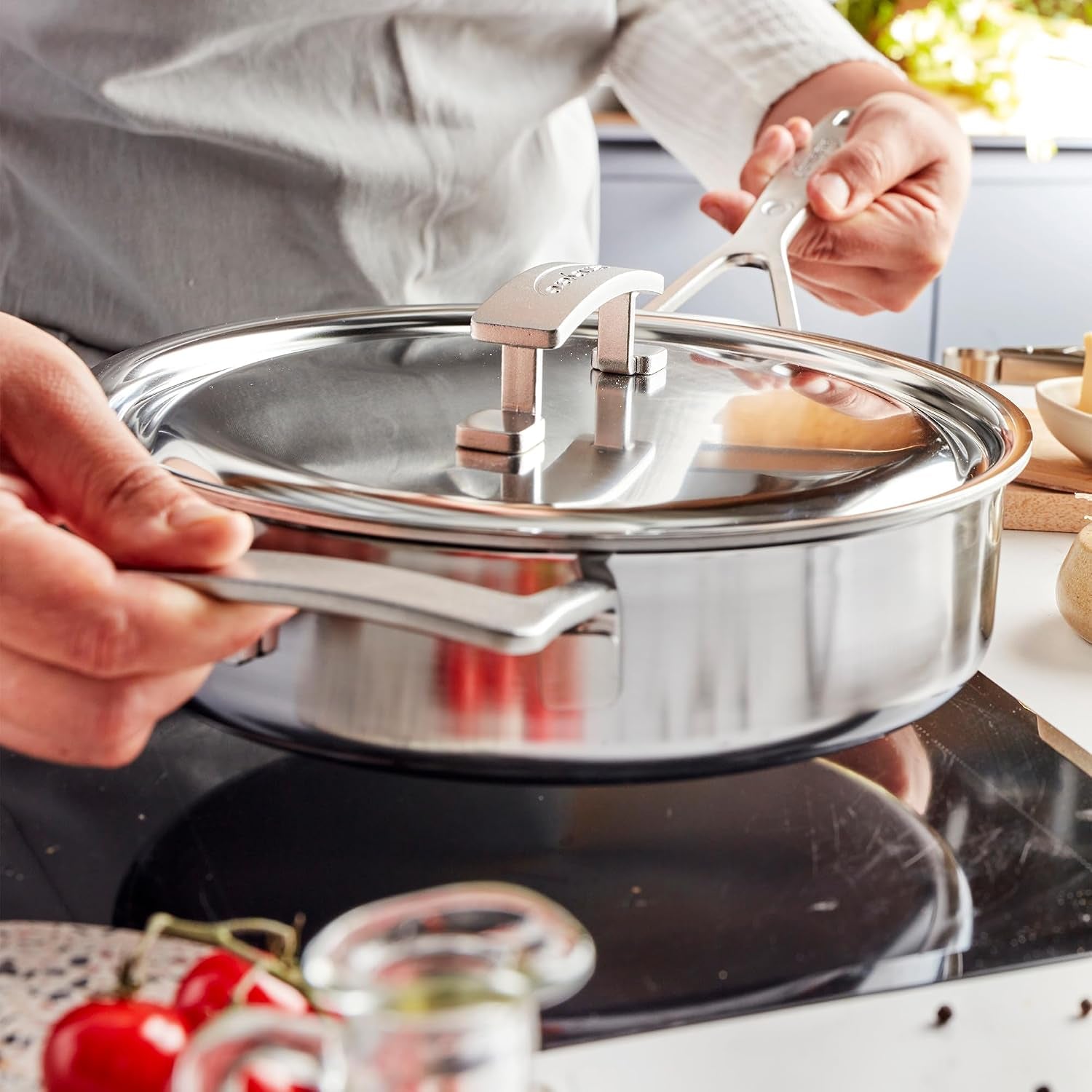 Demeyere Industry 5, 3-qt Stainless Steel Saute Pan with Handle Helper