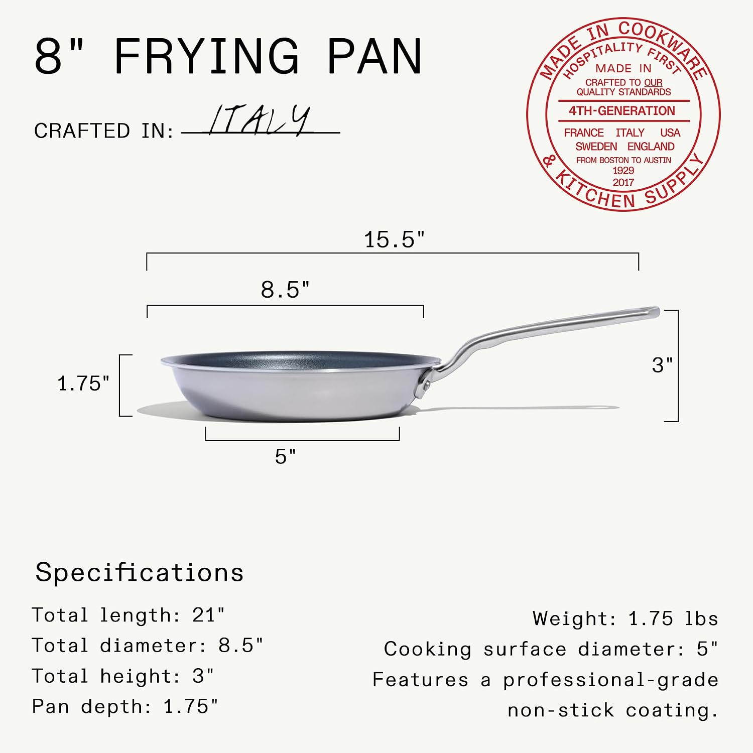 Made In Cookware - ProCoat 8" Non Stick Frying Pan (Graphite) - 5 Ply Stainless Clad Nonstick - Professional Cookware - Crafted in Italy - Induction Compatible