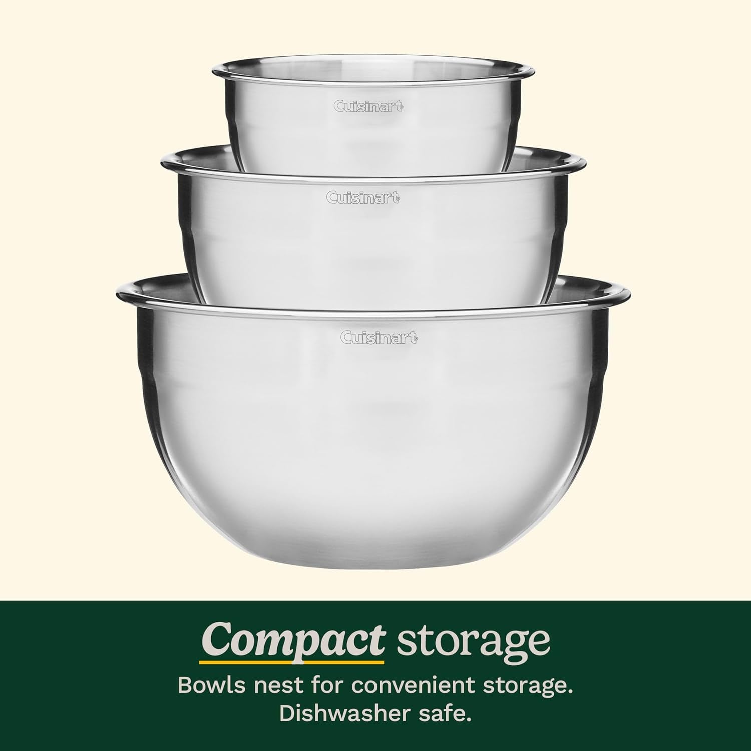 Cuisinart Mixing Bowl Set, Stainless Steel, 3‑Piece Nesting Bowls for