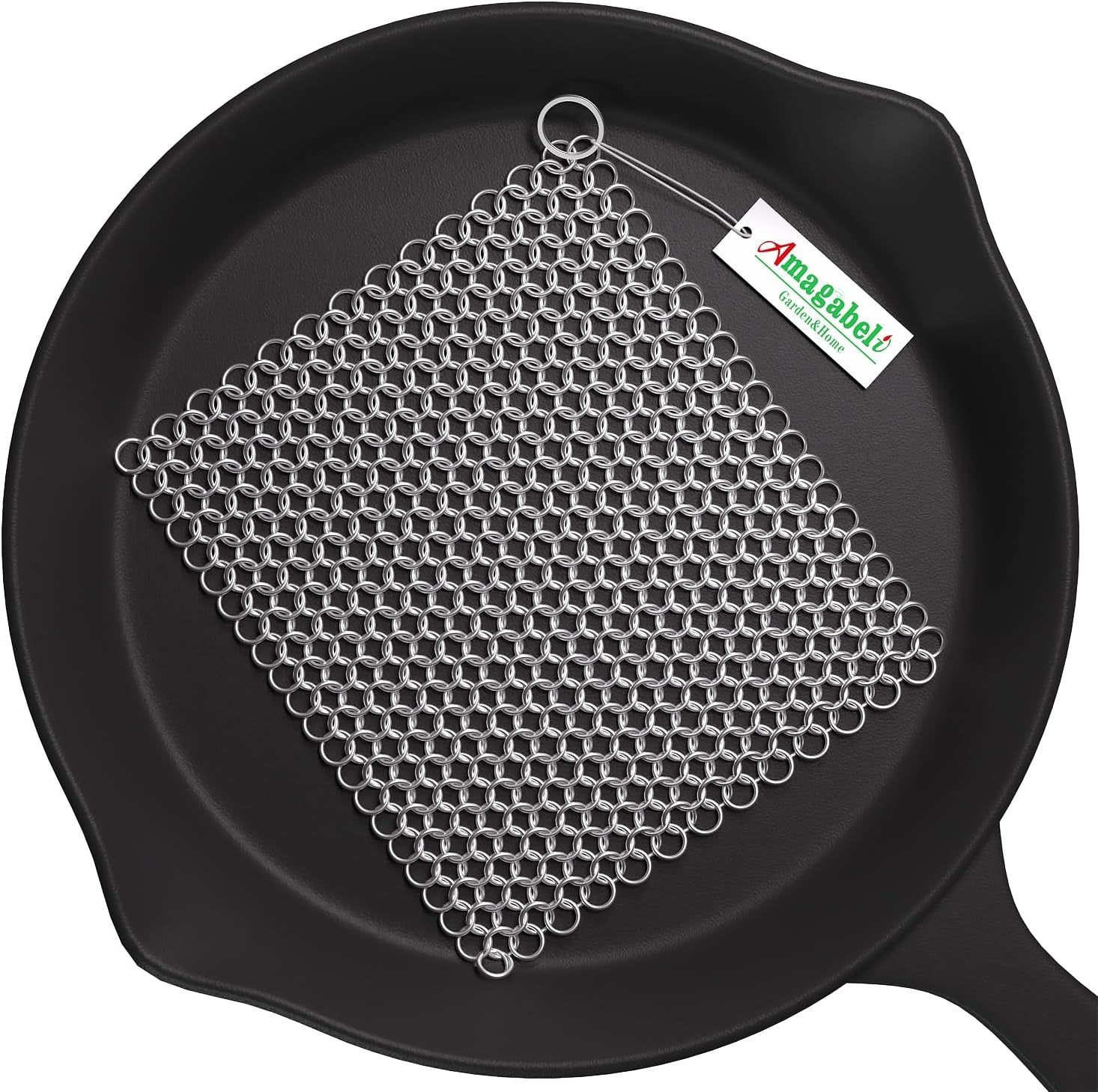 Amagabeli Cast Iron Cleaner 8" × 6" Stainless Steel Chainmail Scrubber