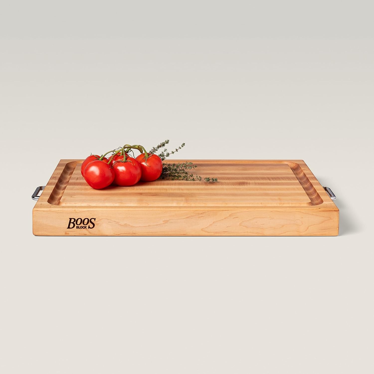 John Boos Handle Boards Series Rectangular Wooden Maple Cutting Board 24”x18” – 2.25” Thick, 30-lb Reversible Butcher Block with Juice Groove, Edge-Grain & Metal Handles