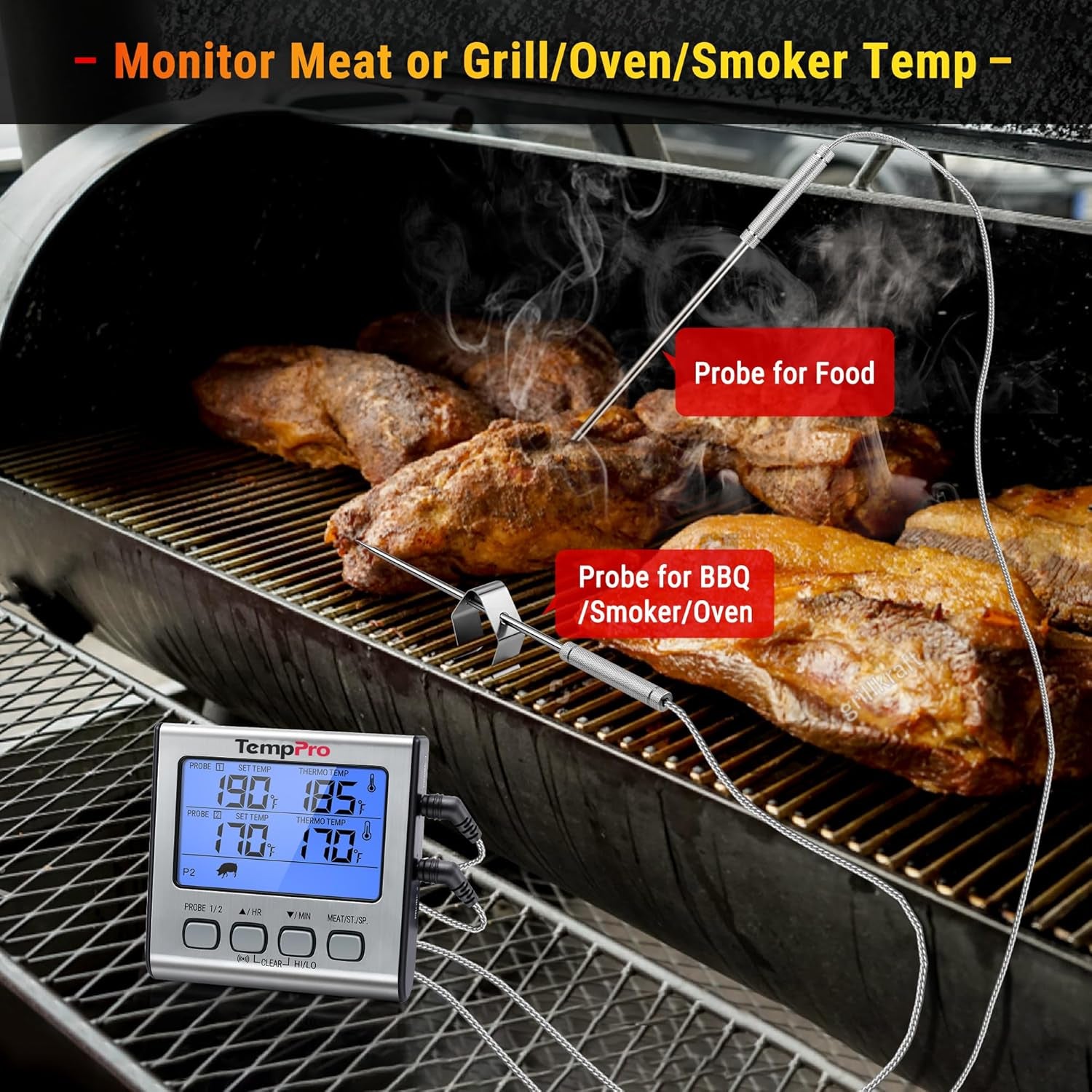 TempPro TP17 Dual Probe Digital Cooking Meat Thermometer Large LCD Backlight Food Grill Thermometer with Timer Mode for Smoker Kitchen Oven BBQ, Silver (Previously ThermoPro)