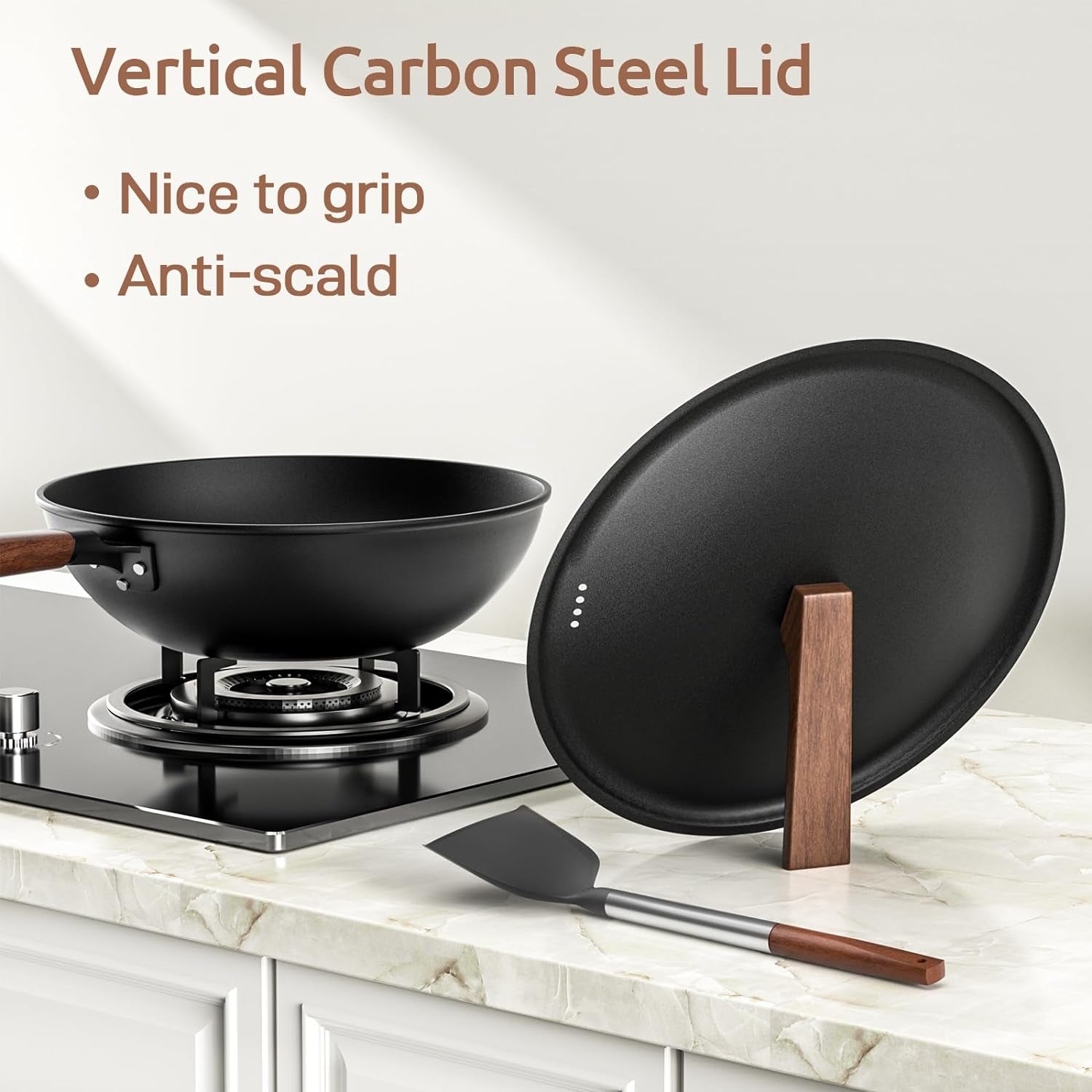 Carbon Steel Wok 13 Inch Pre-Seasoned with Lid & Spatula
