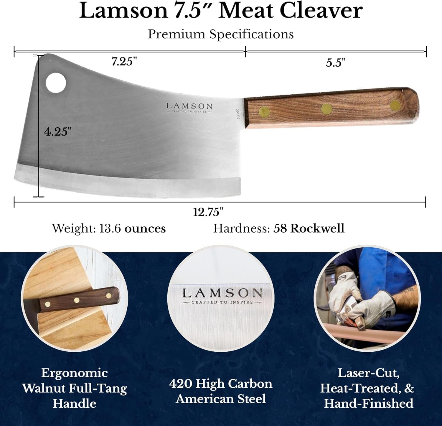 Lamson 7.25” Heavy Duty Meat Cleaver with Walnut Handle – High-Carbon