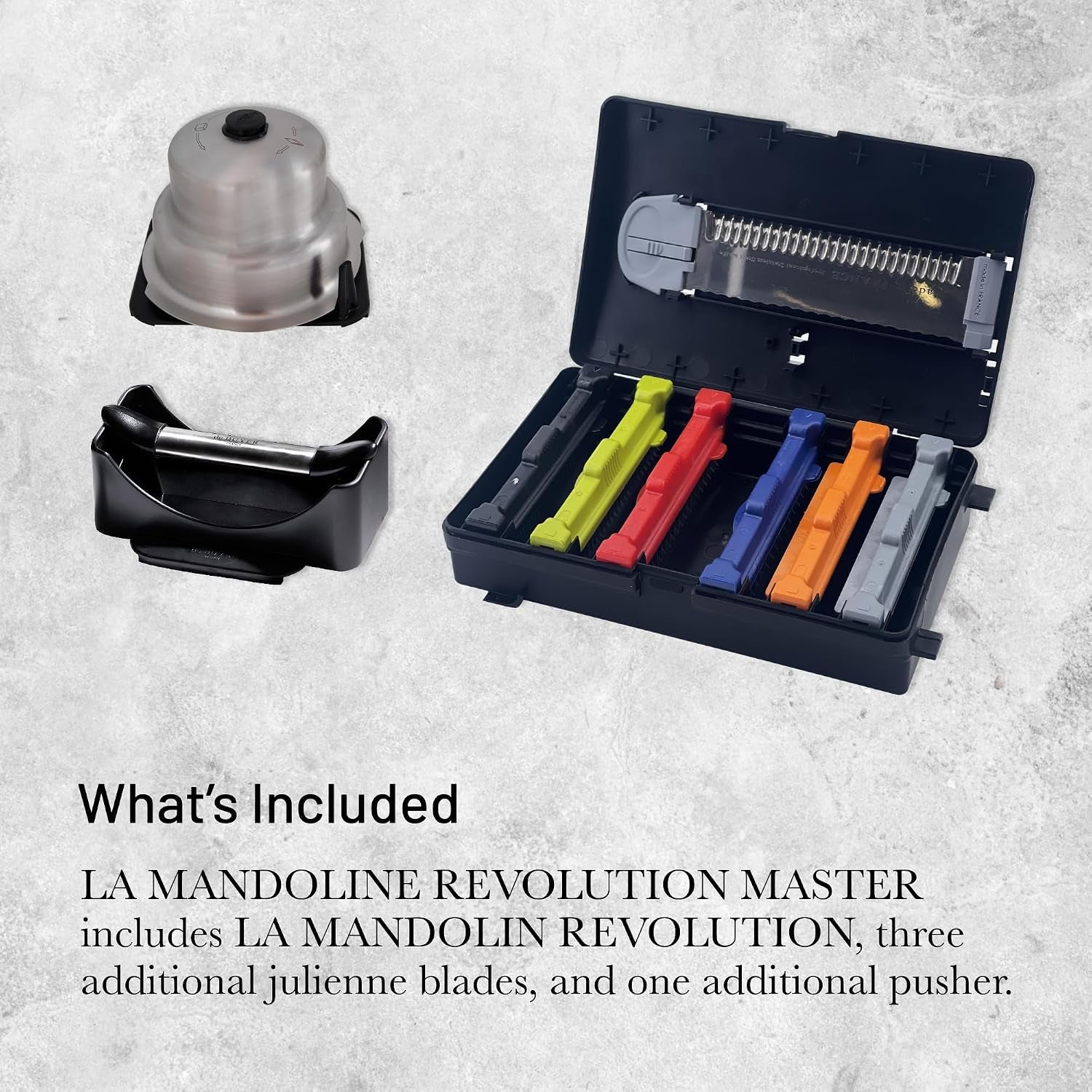 de Buyer LA MANDOLINE REVOLUTION MASTER - Removable, Double-Sided Stainless Steel Blade - Ideal for Cutting, Shredding, Dicing & Cubing - Includes 6 Julienne Blades & Extra Pusher - Made in France