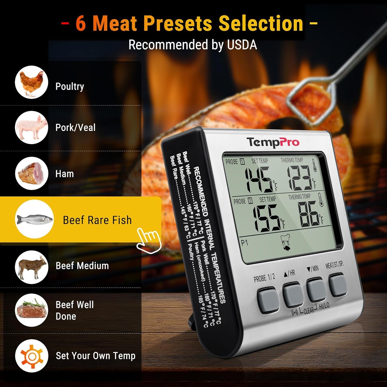 TempPro TP17 Dual Probe Digital Cooking Meat Thermometer Large LCD Backlight Food Grill Thermometer with Timer Mode for Smoker Kitchen Oven BBQ, Silver (Previously ThermoPro)