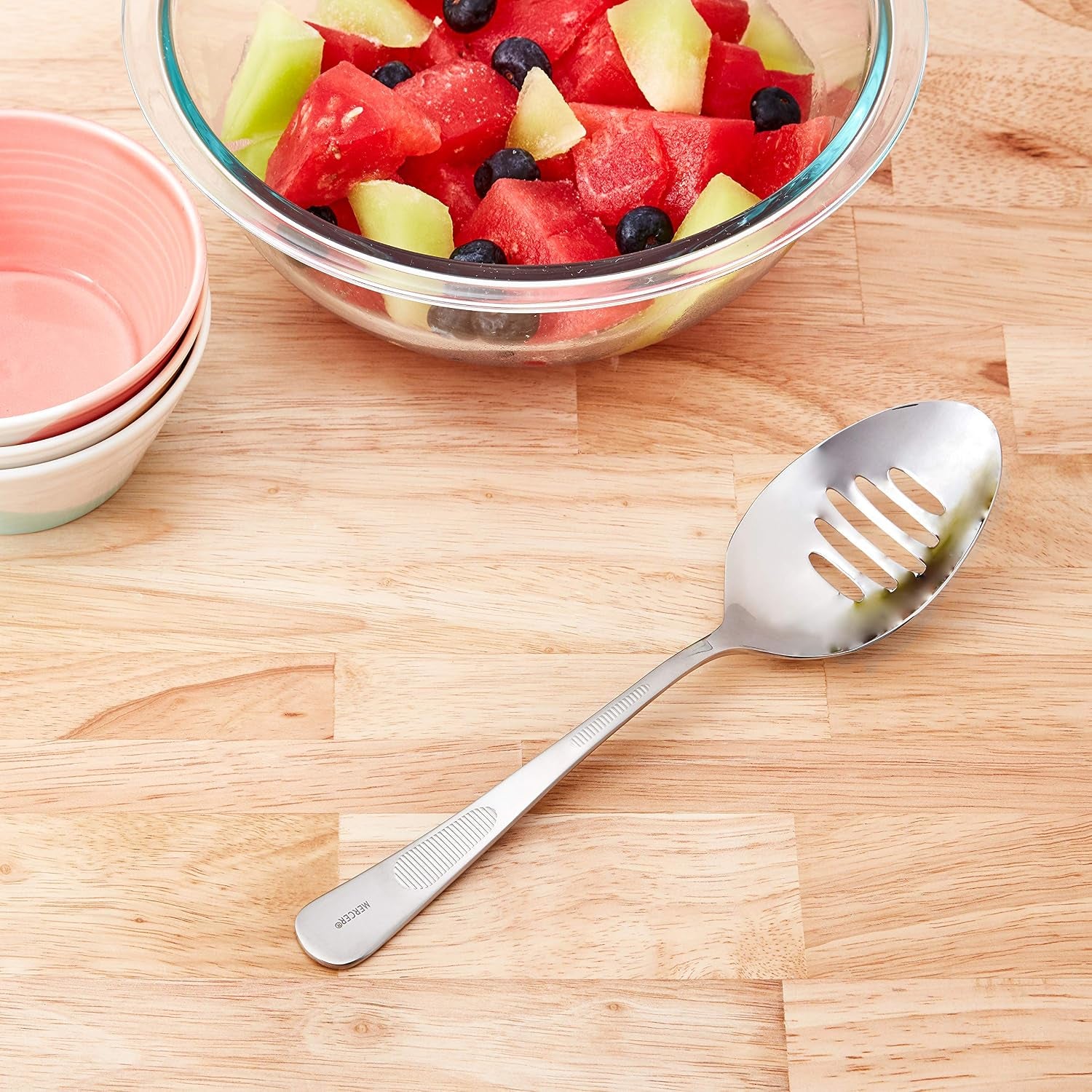 Mercer Culinary 18-8 Stainless Steel Plating Spoon with Slotted Bowl,