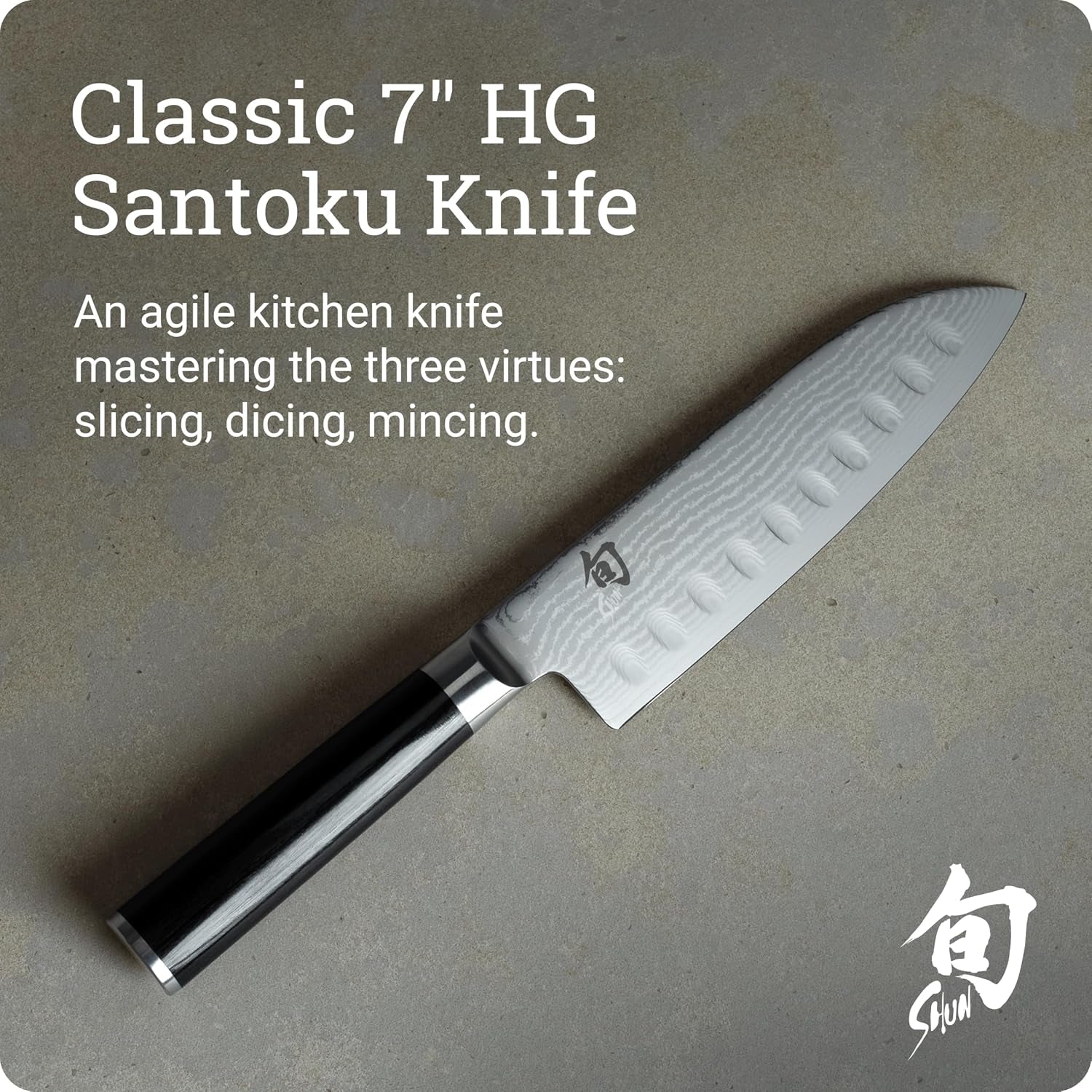 Shun Classic 7\" Hollow Ground Santoku Knife, Handcrafted Japanese Cutting Knife, VG-MAX Core with Damascus Stainless Steel Cladding, Pakkawood Handle