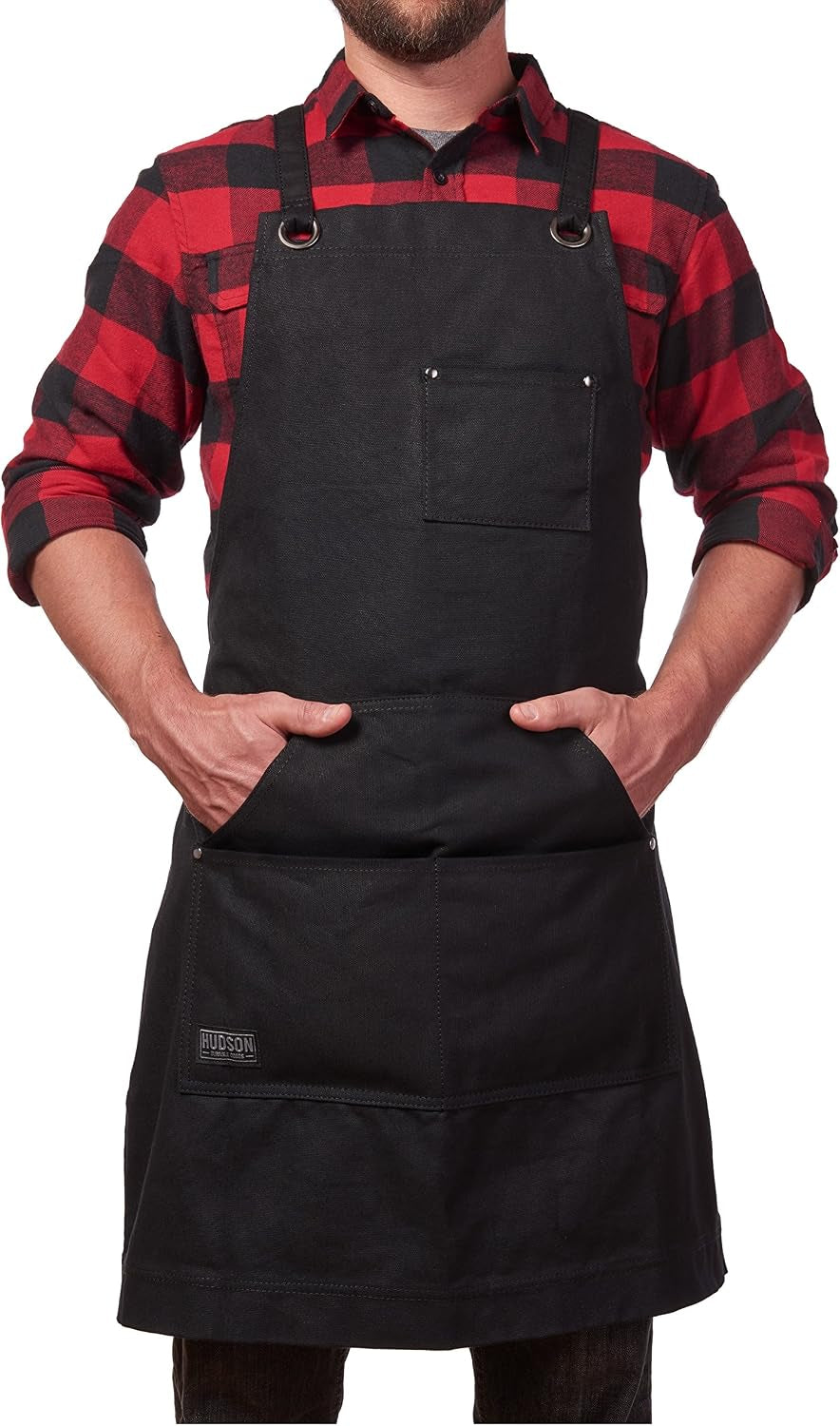 Heavy Duty Waxed Canvas Apron for Men and Women, Adjustable Crossback Work Apron with Tool Pockets, Water-Resistant - Fits up to XXL, Black
