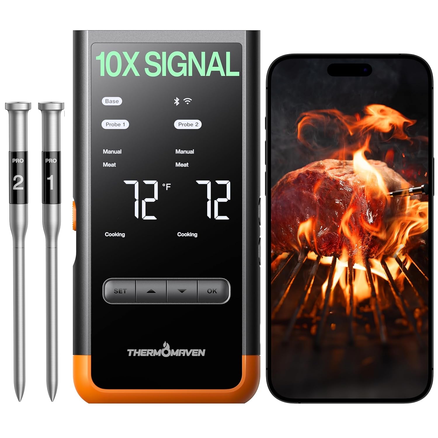 ThermoMaven Sub-1G Wireless Meat Thermometer, 4 Probes WiFi Thermometer | 3000FT Open Range, Smart App + Base Control, 6 Sensor NIST ±0.5°F Accuracy, BBQ Smoker Grill Oven, Brisket Steak Turkey Pork