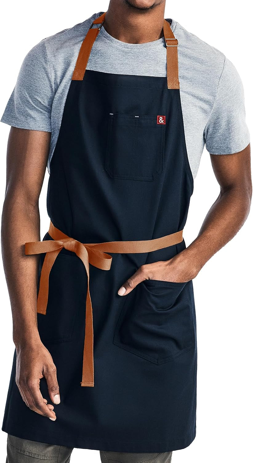 Essential Adjustable Bib Chef Apron with 3 Pockets and Towel Loop, Midnight Blue