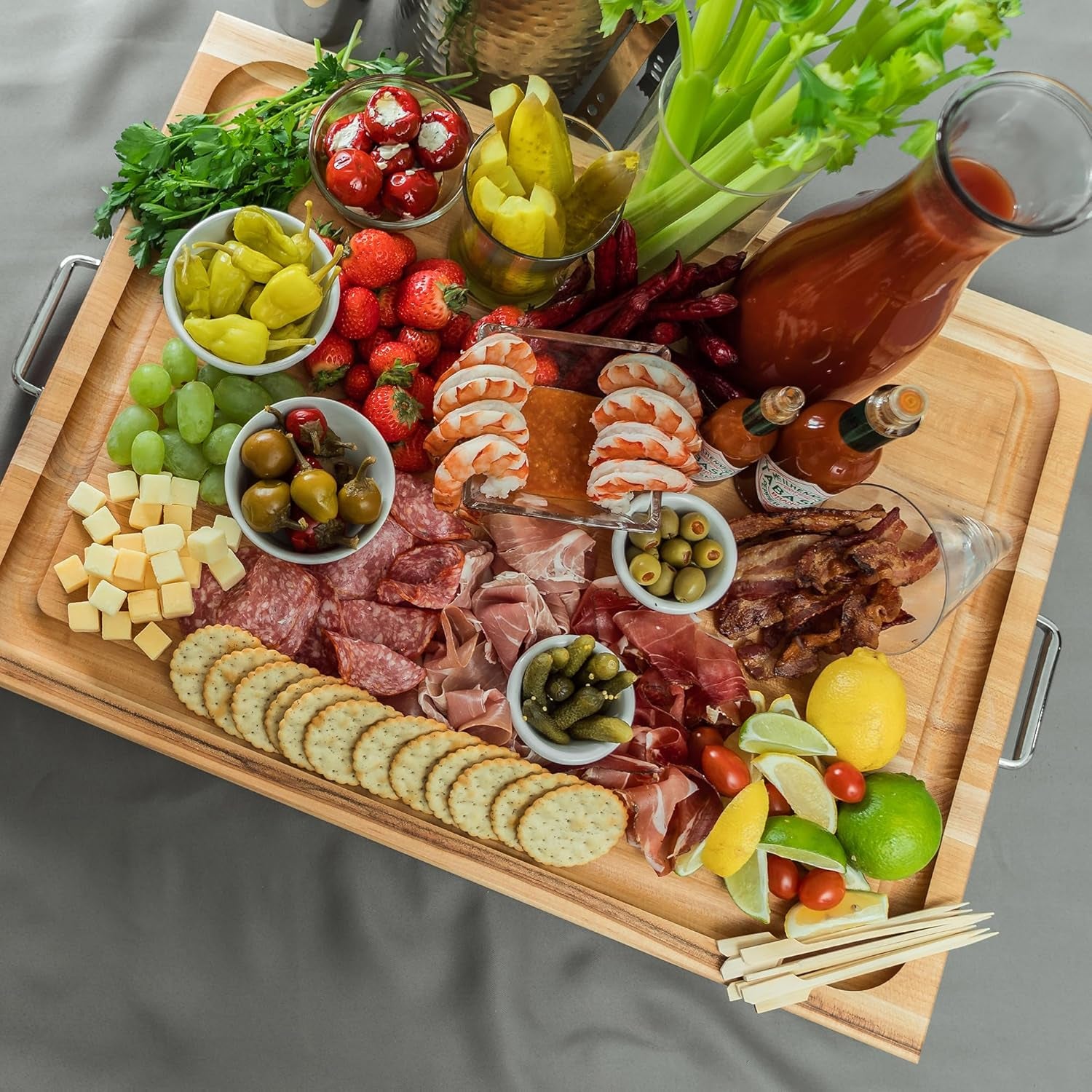 John Boos Handle Boards Series Rectangular Wooden Maple Cutting Board 24”x18” – 2.25” Thick, 30-lb Reversible Butcher Block with Juice Groove, Edge-Grain & Metal Handles