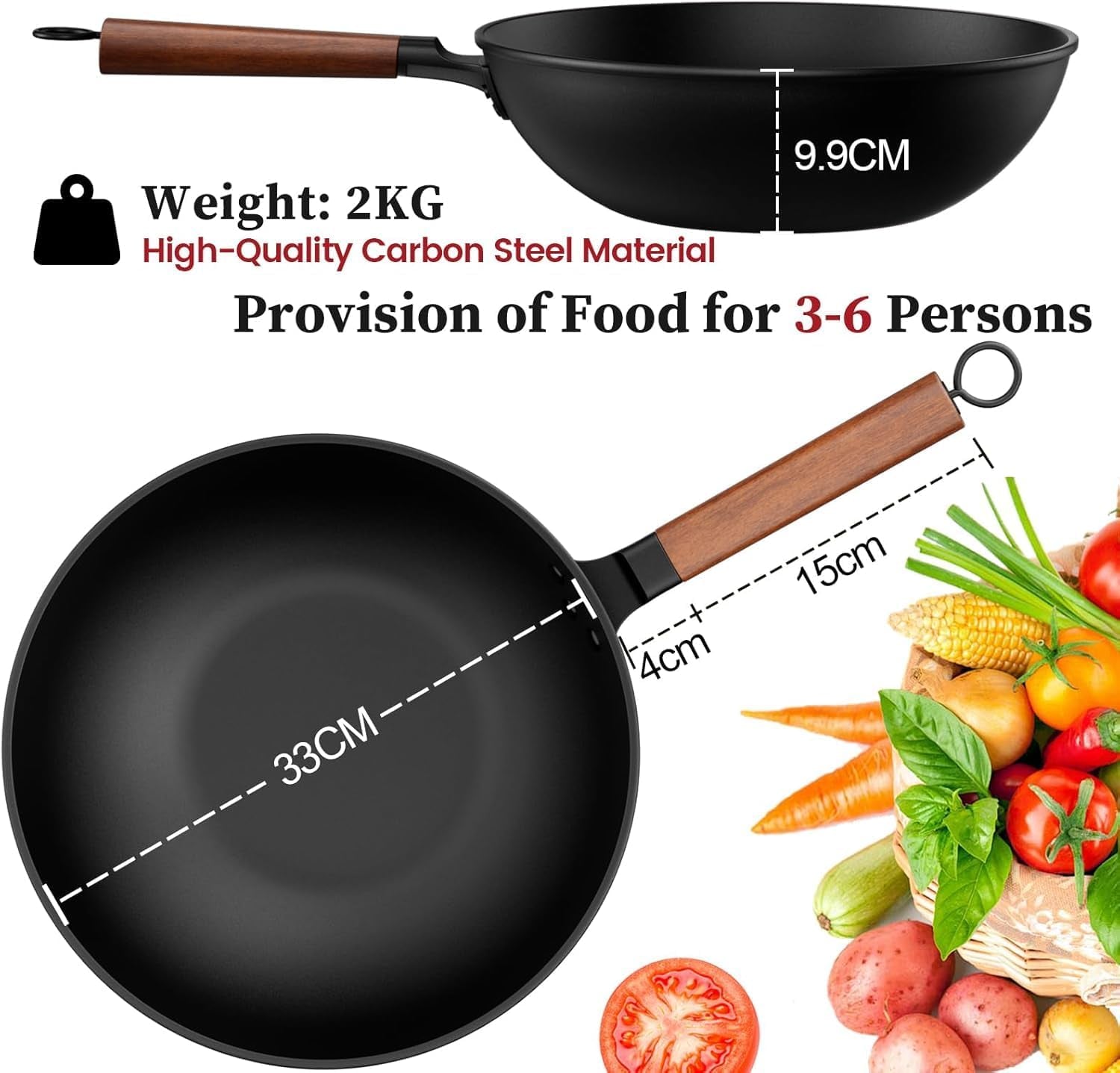 Carbon Steel Wok 13 Inch Pre-Seasoned with Lid & Spatula