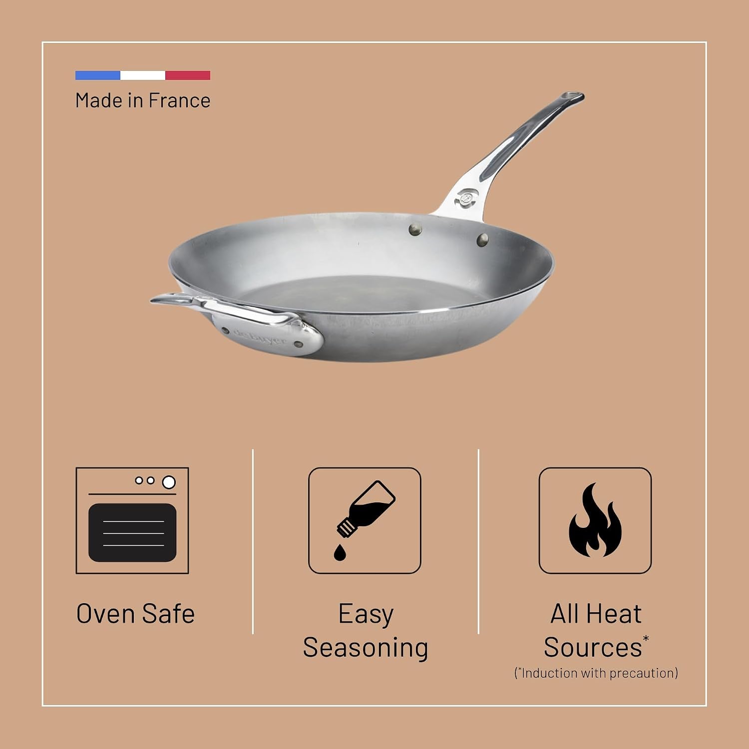 de Buyer MINERAL B Pro Carbon Steel Country Fry Pan with Helper Handle 12.5"