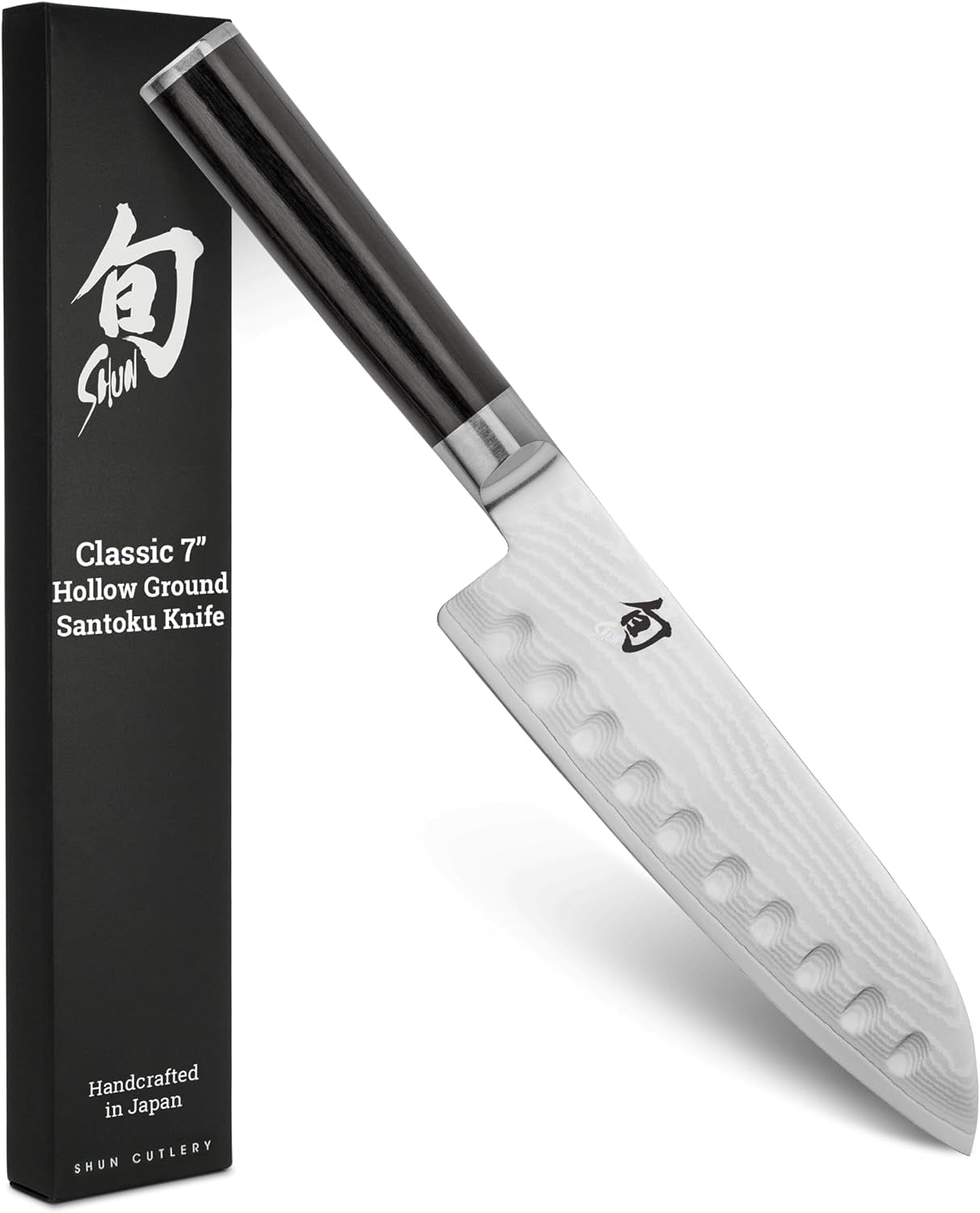 Shun Classic 7\" Hollow Ground Santoku Knife, Handcrafted Japanese Cutting Knife, VG-MAX Core with Damascus Stainless Steel Cladding, Pakkawood Handle