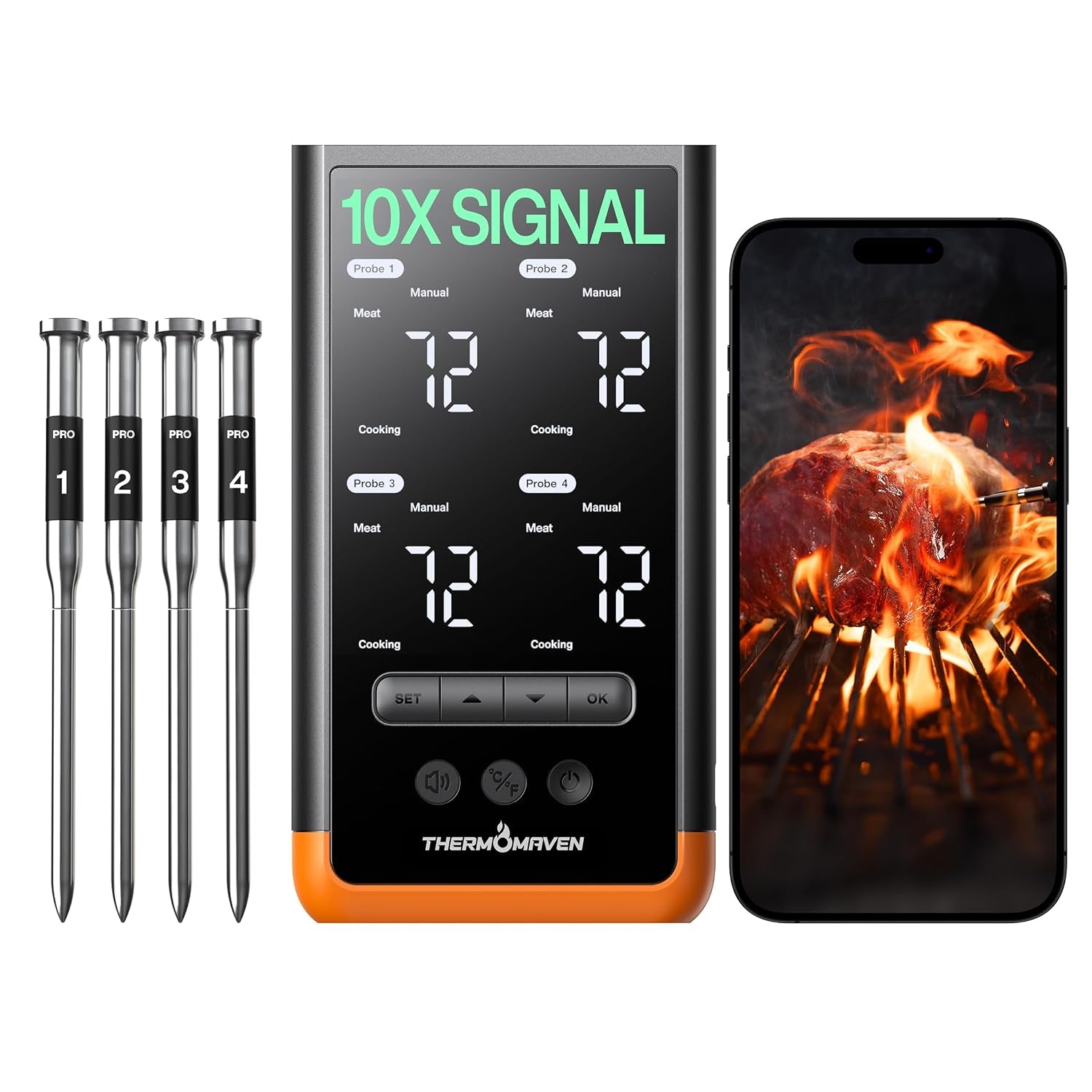 ThermoMaven Sub-1G Wireless Meat Thermometer, 4 Probes WiFi Thermometer | 3000FT Open Range, Smart App + Base Control, 6 Sensor NIST ±0.5°F Accuracy, BBQ Smoker Grill Oven, Brisket Steak Turkey Pork