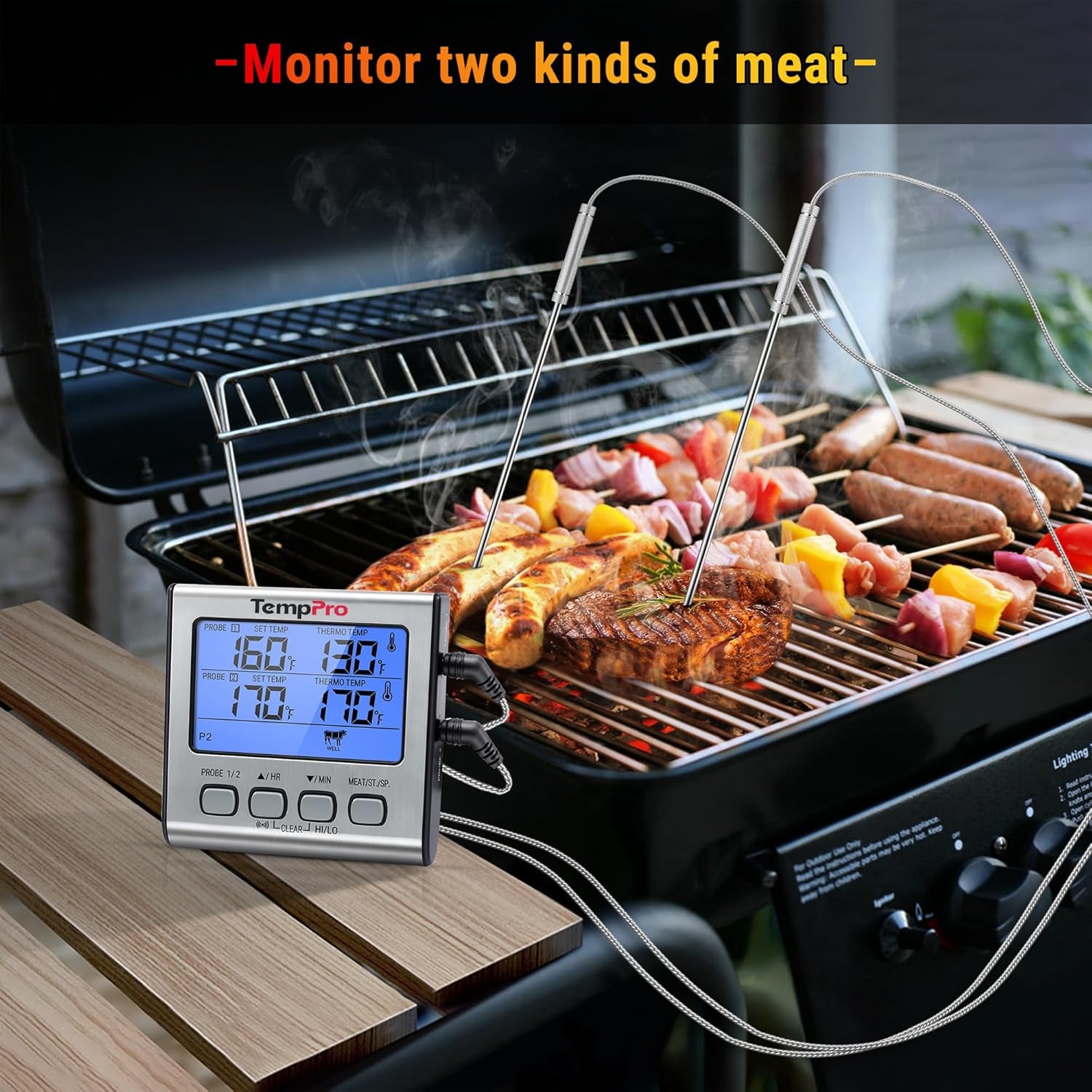 TempPro TP17 Dual Probe Digital Cooking Meat Thermometer Large LCD Backlight Food Grill Thermometer with Timer Mode for Smoker Kitchen Oven BBQ, Silver (Previously ThermoPro)