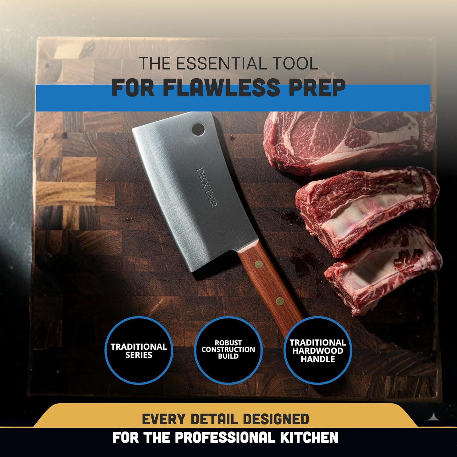 -Russell 8" Stainless Heavy Duty Cleaver Knife | S5288 | Traditional Series with High-Carbon Steel Blade & Rosewood Handle | Precision Ground, Durable, Razor Sharp | Made in USA