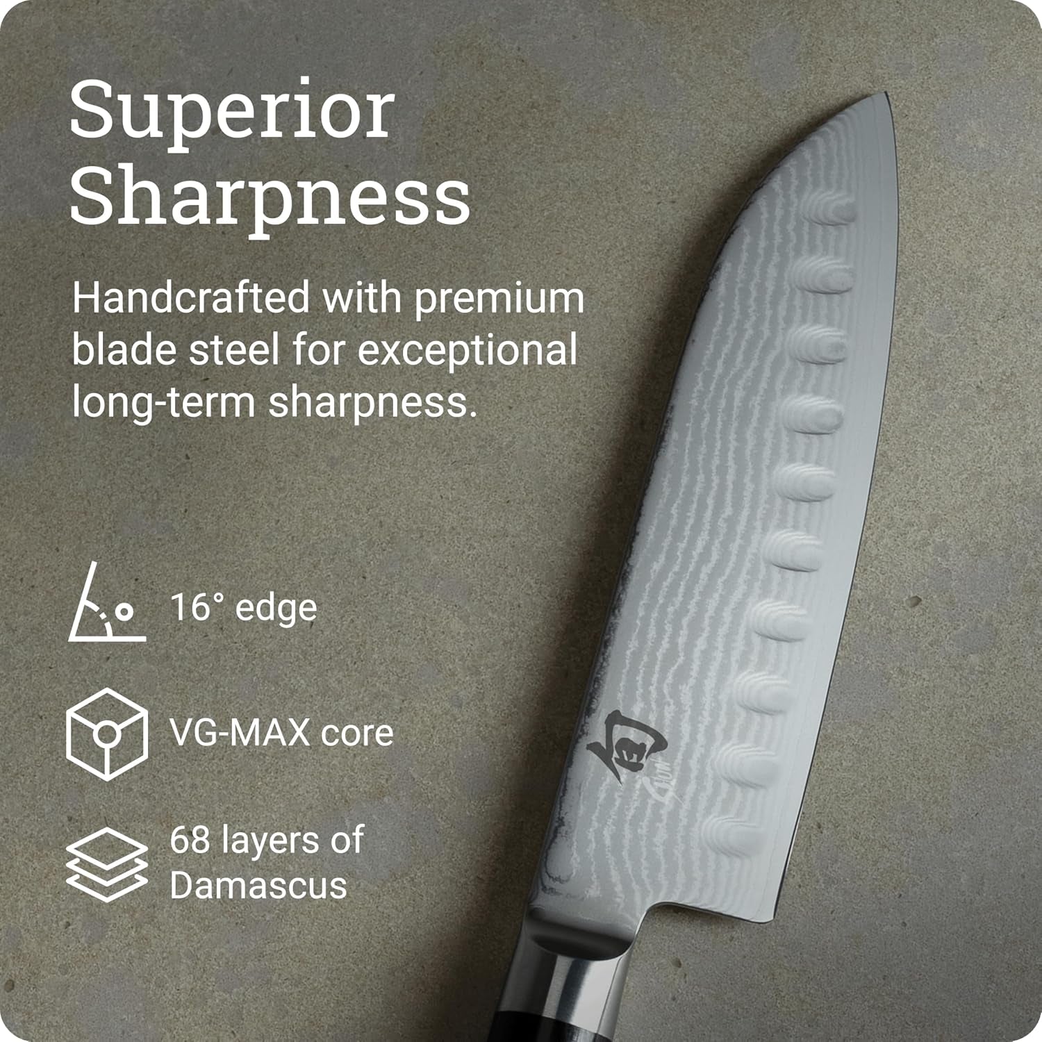 Shun Classic 7\" Hollow Ground Santoku Knife, Handcrafted Japanese Cutting Knife, VG-MAX Core with Damascus Stainless Steel Cladding, Pakkawood Handle