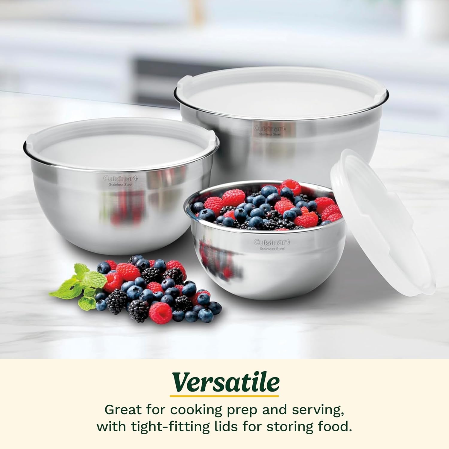 Cuisinart Mixing Bowl Set, Stainless Steel, 3‑Piece Nesting Bowls for 