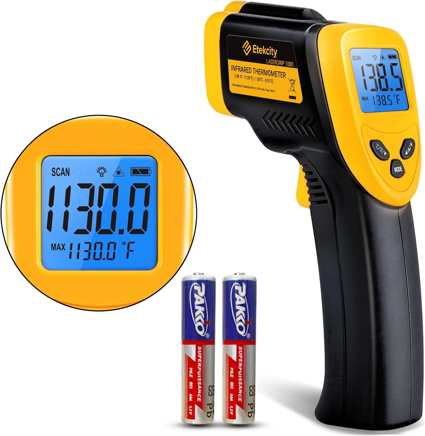 Etekcity Infrared Thermometer Laser Temperature Gun 774, Meat Food Candy Oven Thermometer for Griddle Accessories, Heat Gun for Cooking Refrigerator Tools, Adjustable Emissivity & Max Measure, Yellow