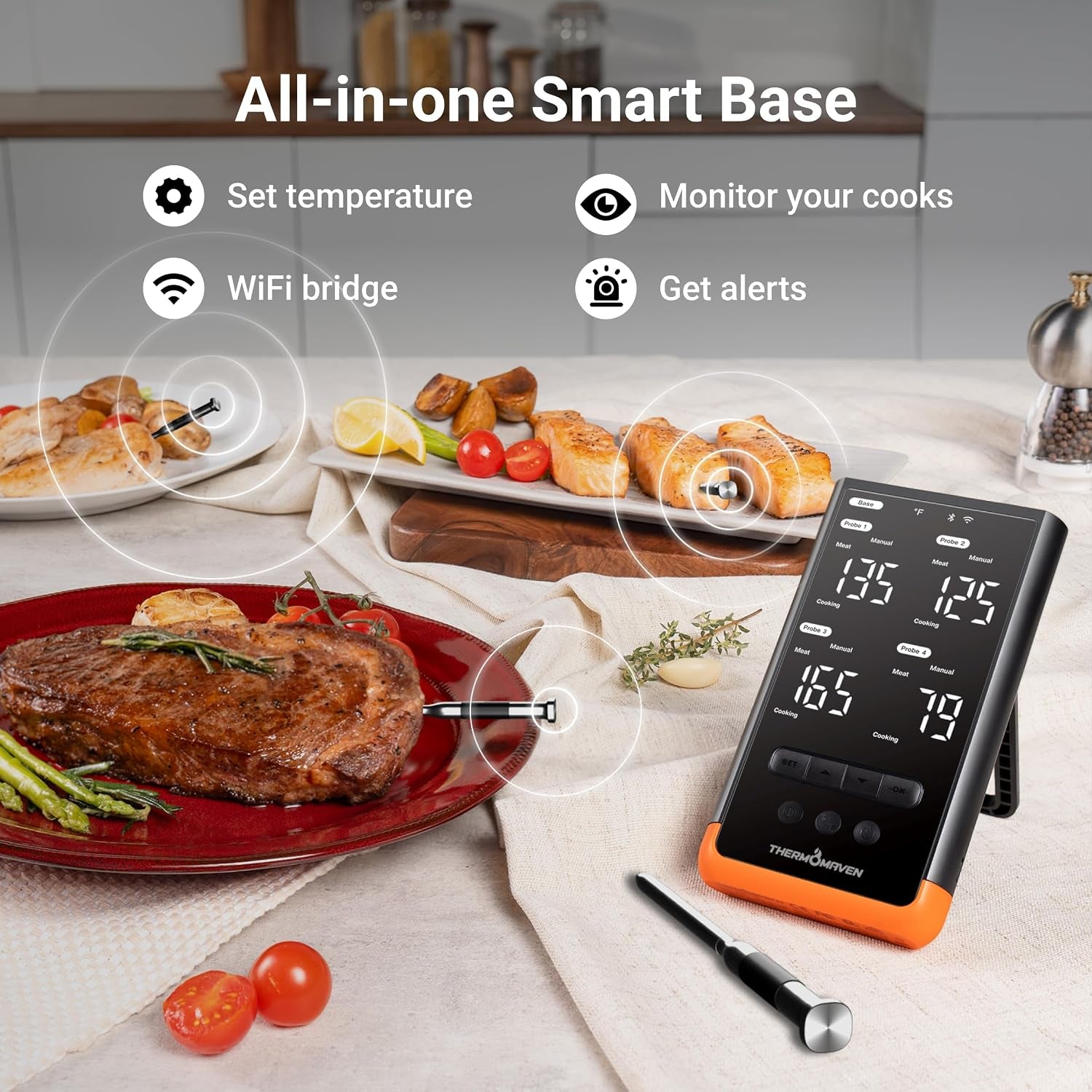 ThermoMaven Sub-1G Wireless Meat Thermometer, 4 Probes WiFi Thermometer | 3000FT Open Range, Smart App + Base Control, 6 Sensor NIST ±0.5°F Accuracy, BBQ Smoker Grill Oven, Brisket Steak Turkey Pork