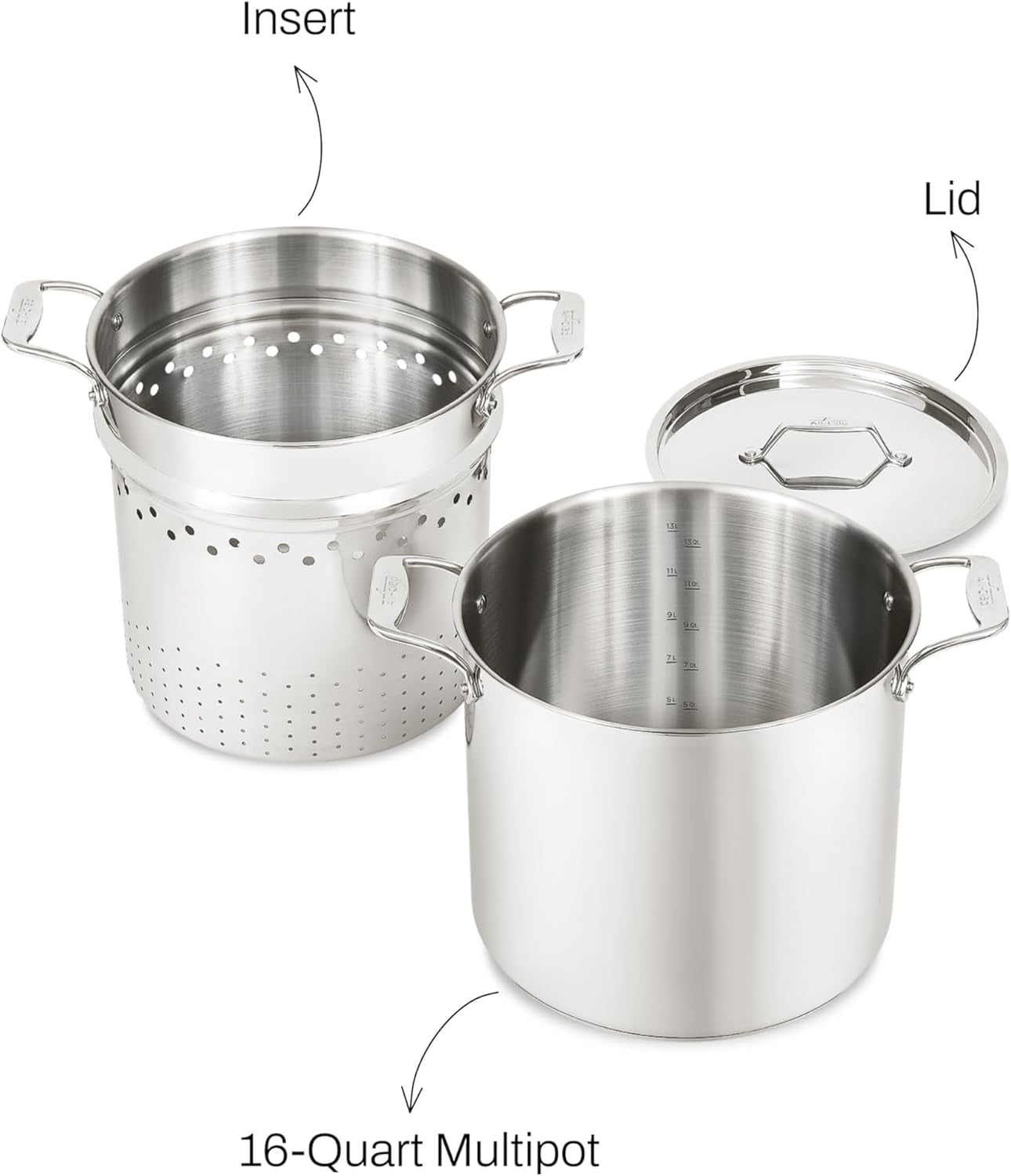 All-Clad Simply Strain Stainless Steel Stockpot, Multipot with Insert & Lid, 16 Quart Induction Oven Broiler Safe 600F, Strainer, Pasta Strainer with Handle, Steamer Pot, Pots and Pans, Silver