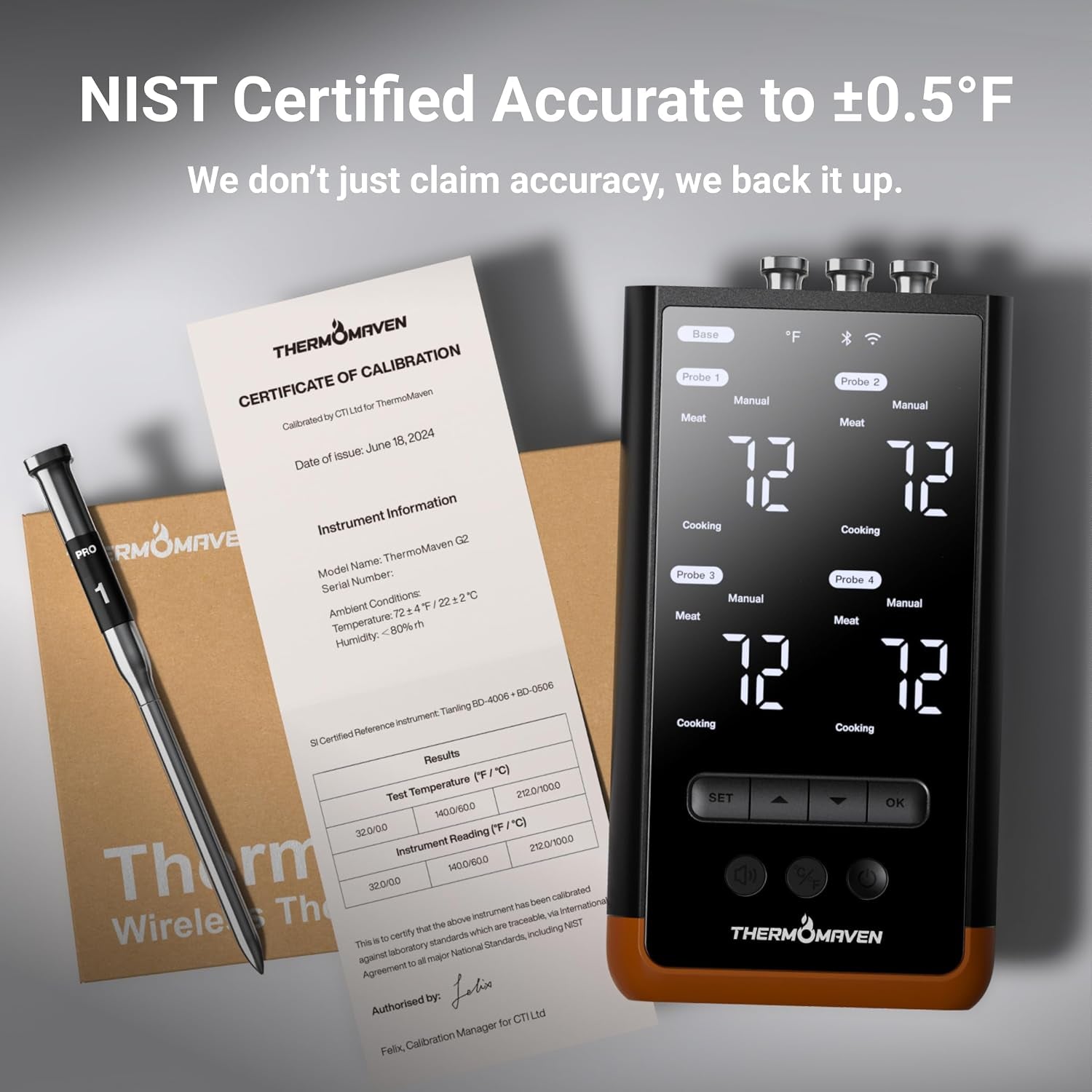 ThermoMaven Sub-1G Wireless Meat Thermometer, 4 Probes WiFi Thermometer | 3000FT Open Range, Smart App + Base Control, 6 Sensor NIST ±0.5°F Accuracy, BBQ Smoker Grill Oven, Brisket Steak Turkey Pork