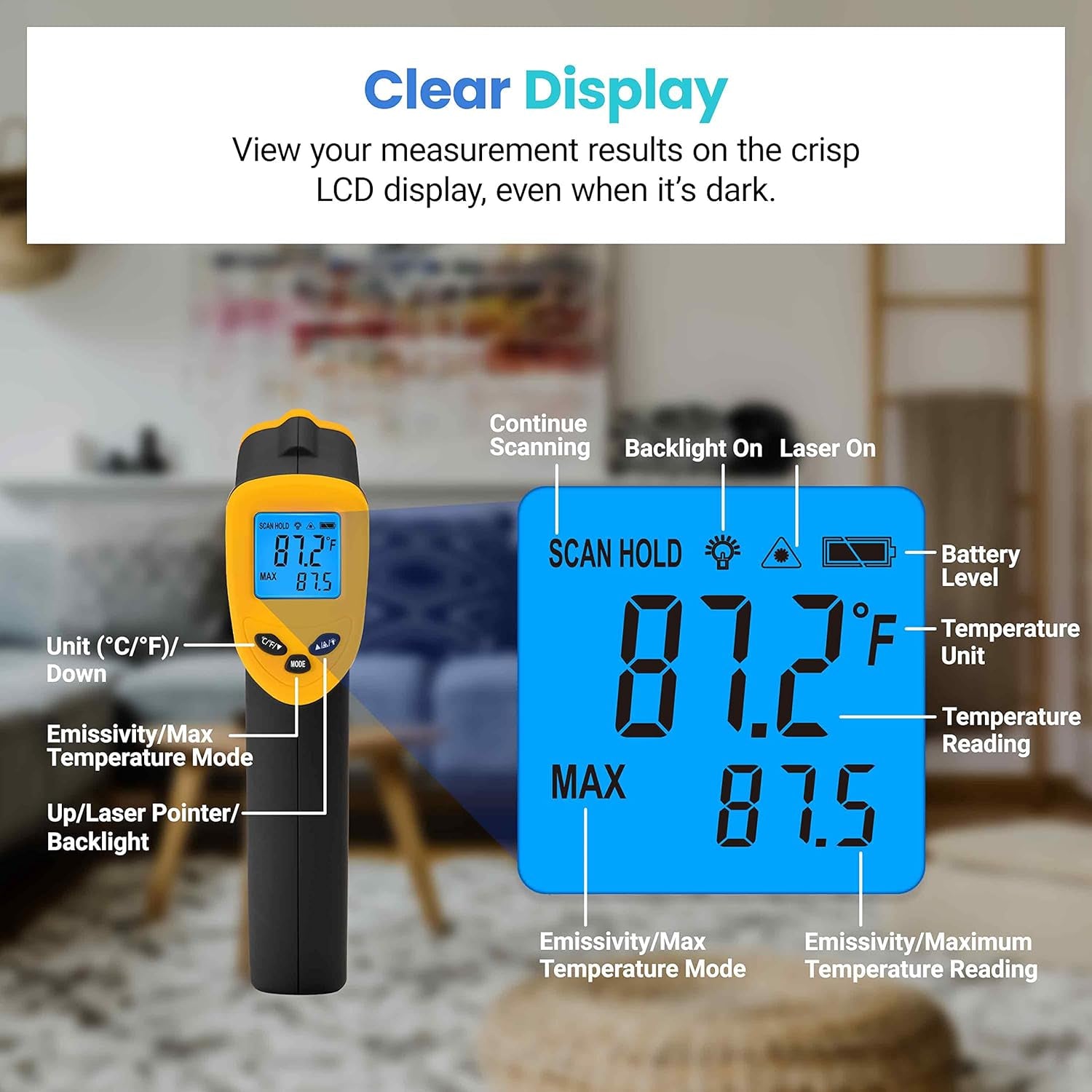 Etekcity Infrared Thermometer Laser Temperature Gun 774, Meat Food Candy Oven Thermometer for Griddle Accessories, Heat Gun for Cooking Refrigerator Tools, Adjustable Emissivity & Max Measure, Yellow