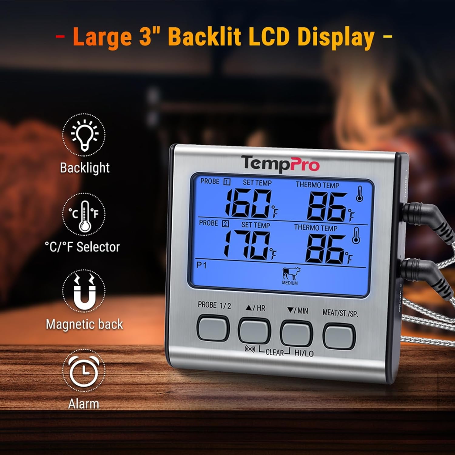 TempPro TP17 Dual Probe Digital Cooking Meat Thermometer Large LCD Backlight Food Grill Thermometer with Timer Mode for Smoker Kitchen Oven BBQ, Silver (Previously ThermoPro)