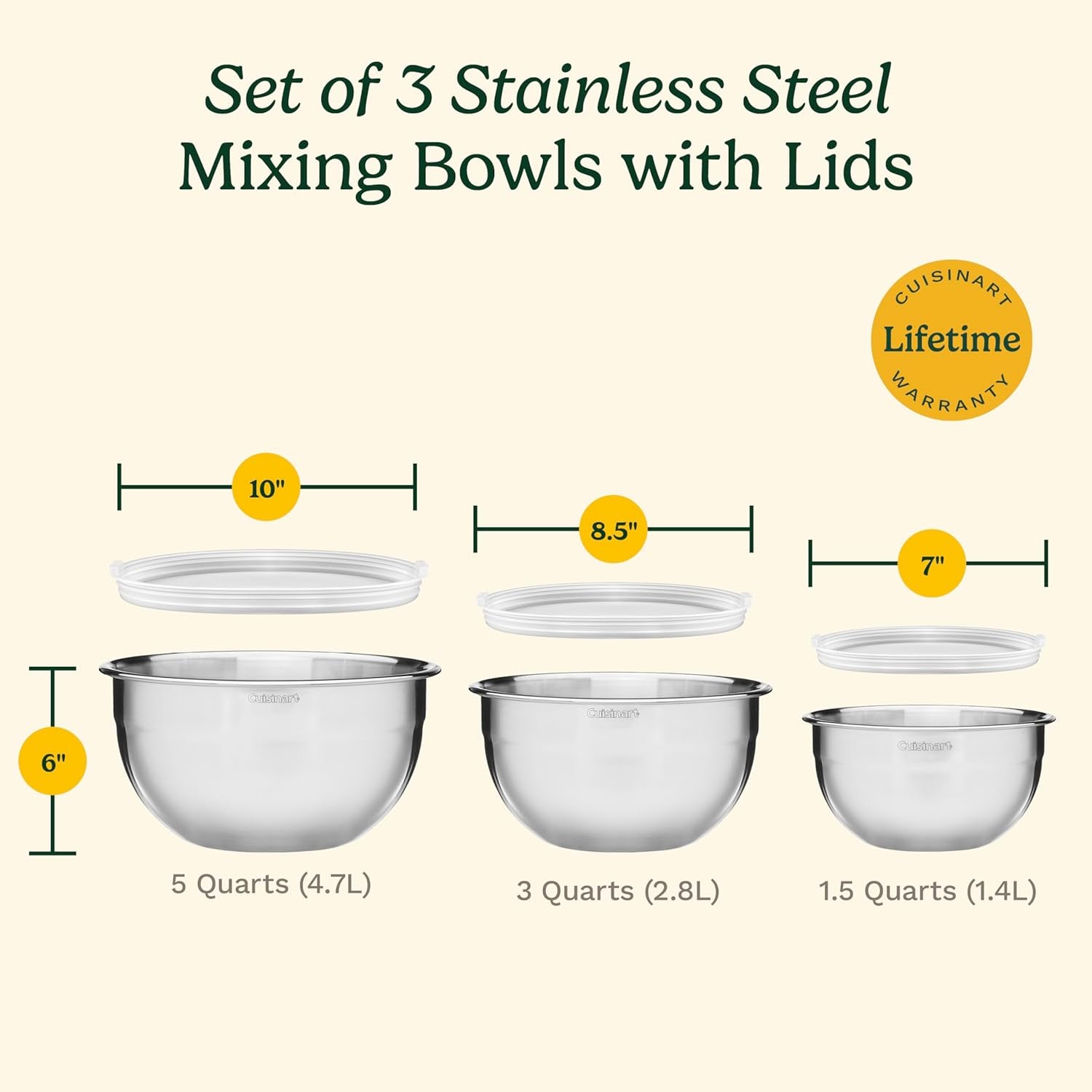Cuisinart Mixing Bowl Set, Stainless Steel, 3‑Piece Nesting Bowls for 
