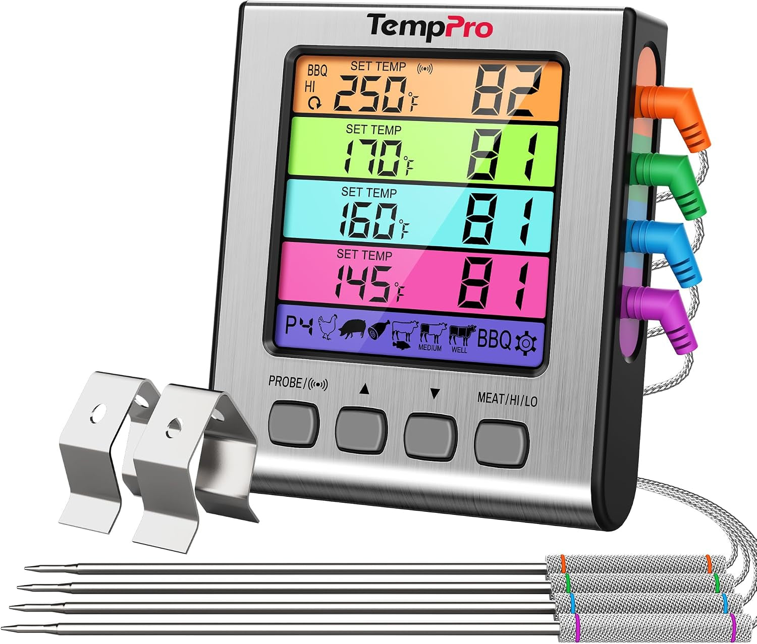 TempPro TP17 Dual Probe Digital Cooking Meat Thermometer Large LCD Backlight Food Grill Thermometer with Timer Mode for Smoker Kitchen Oven BBQ, Silver (Previously ThermoPro)