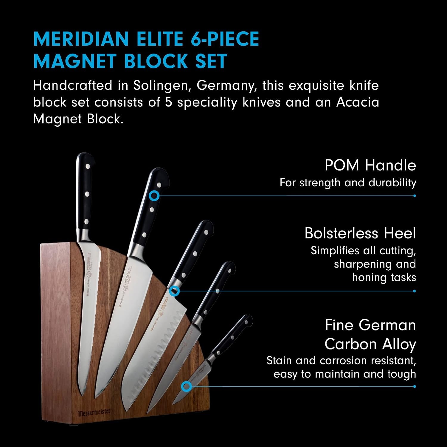 Meridian Elite 6-Piece Magnet Block Set - Includes Chef’S, Scalloped Offset, Santoku, Utility & Paring Knife + Magnet Block