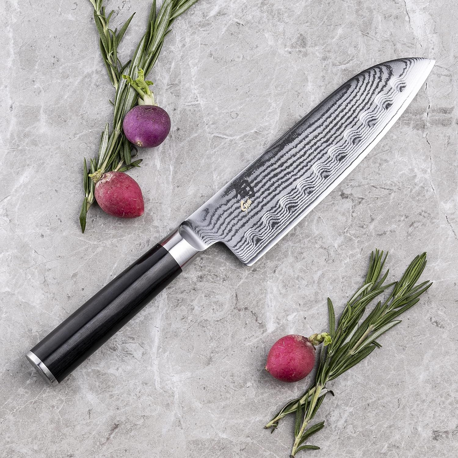 Shun Classic 7\" Hollow Ground Santoku Knife, Handcrafted Japanese Cutting Knife, VG-MAX Core with Damascus Stainless Steel Cladding, Pakkawood Handle