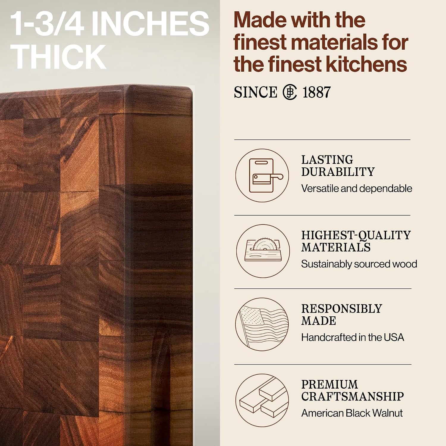 John Boos CCB Series Rectangular Wooden Walnut Cutting Board 18”x12” – 1.75” Thick, 12-lb Reversible Butcher Block with End-Grain & Finger Grips – Made in the USA